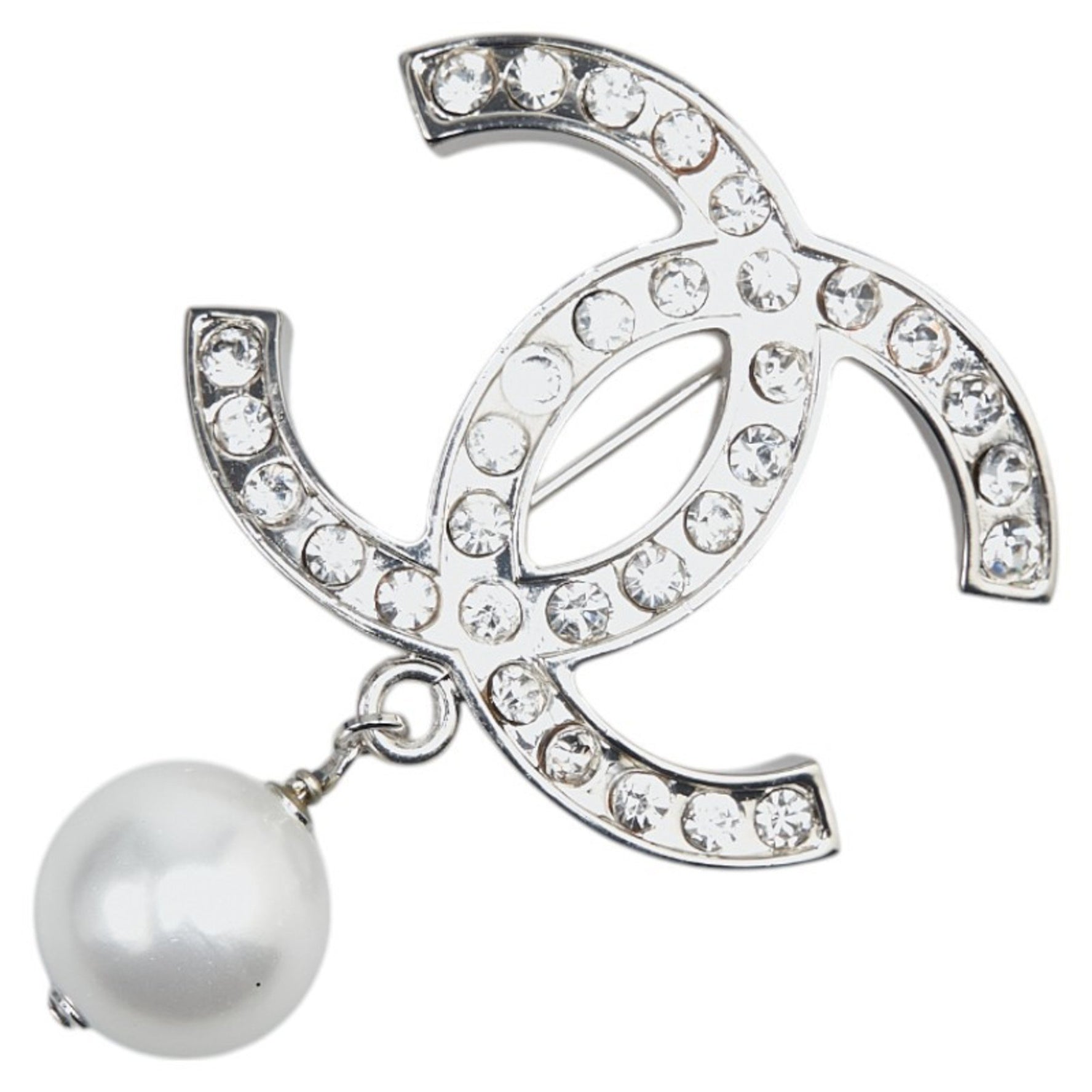 Chanel Coco Mark Rhinestone Brooch in Metal with Faux Pearls