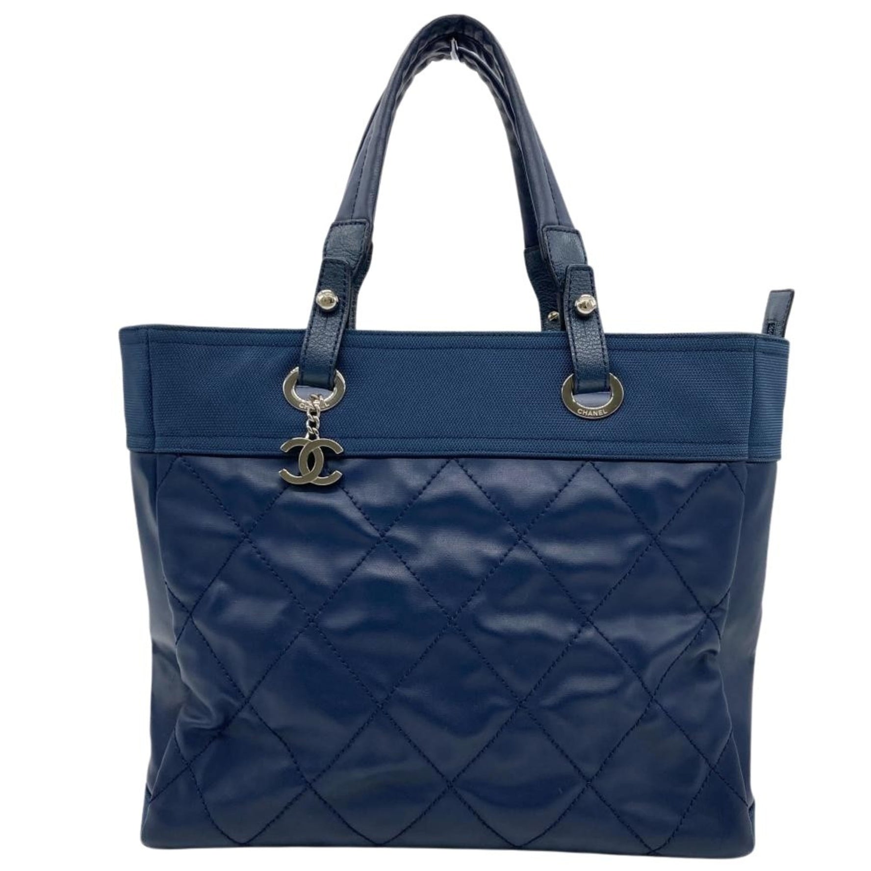 CHANEL Paris-Biarritz MM Tote Bag, Coated Canvas, Leather, Blue, Navy, Coco Mark