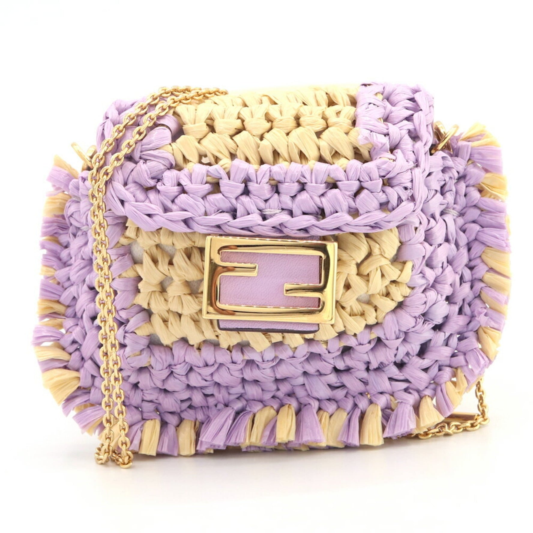 Fendi Pico Bucket Shoulder Pouch in Lavender, Natural Raffia, Leather, and Metal, Earphone Case