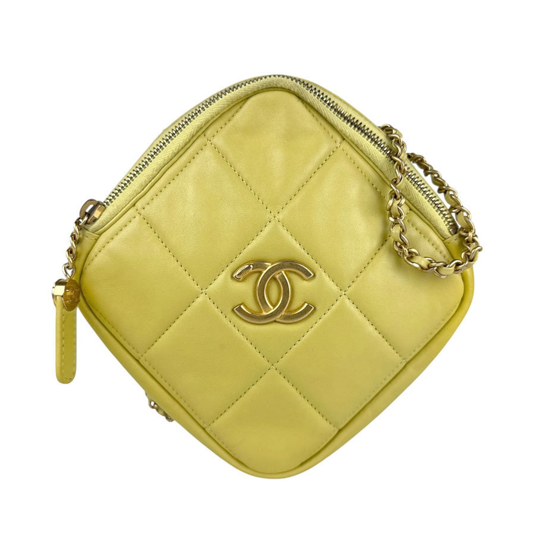 CHANEL Shoulder Bag Leather Metal Yellow Green Gold