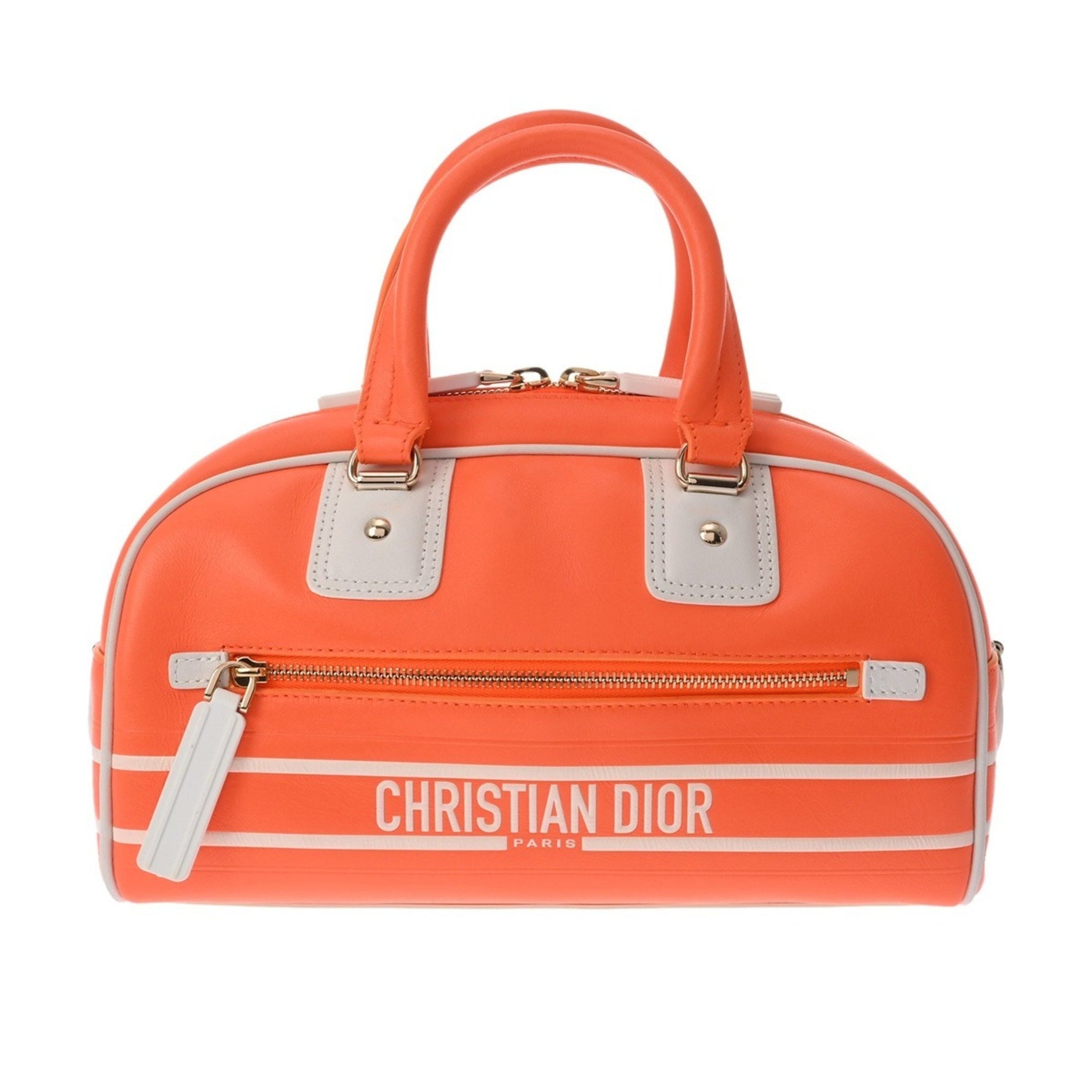 CHRISTIAN DIOR Vibe Small Bowling Bag in Orange/White, Italian Leather Handbag