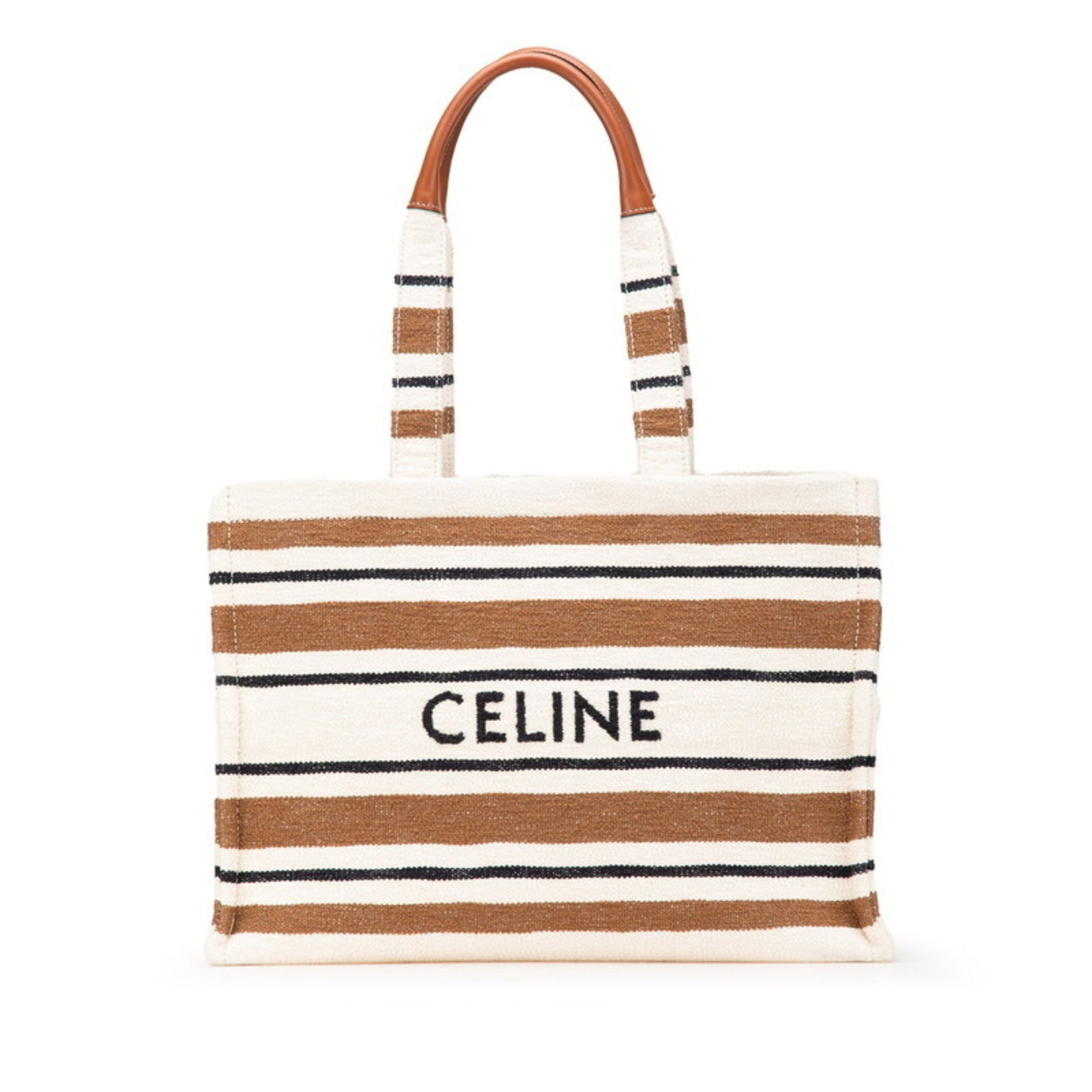 Celine logo handbag tote bag in white, brown, and black canvas leather.