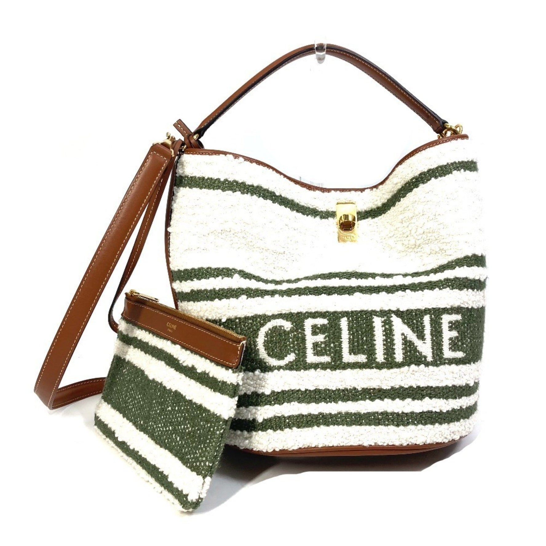CELINE Border Bucket 16 (Cèze) Striped Textile Bag Shoulder Handbag Calfskin Khaki and Tan