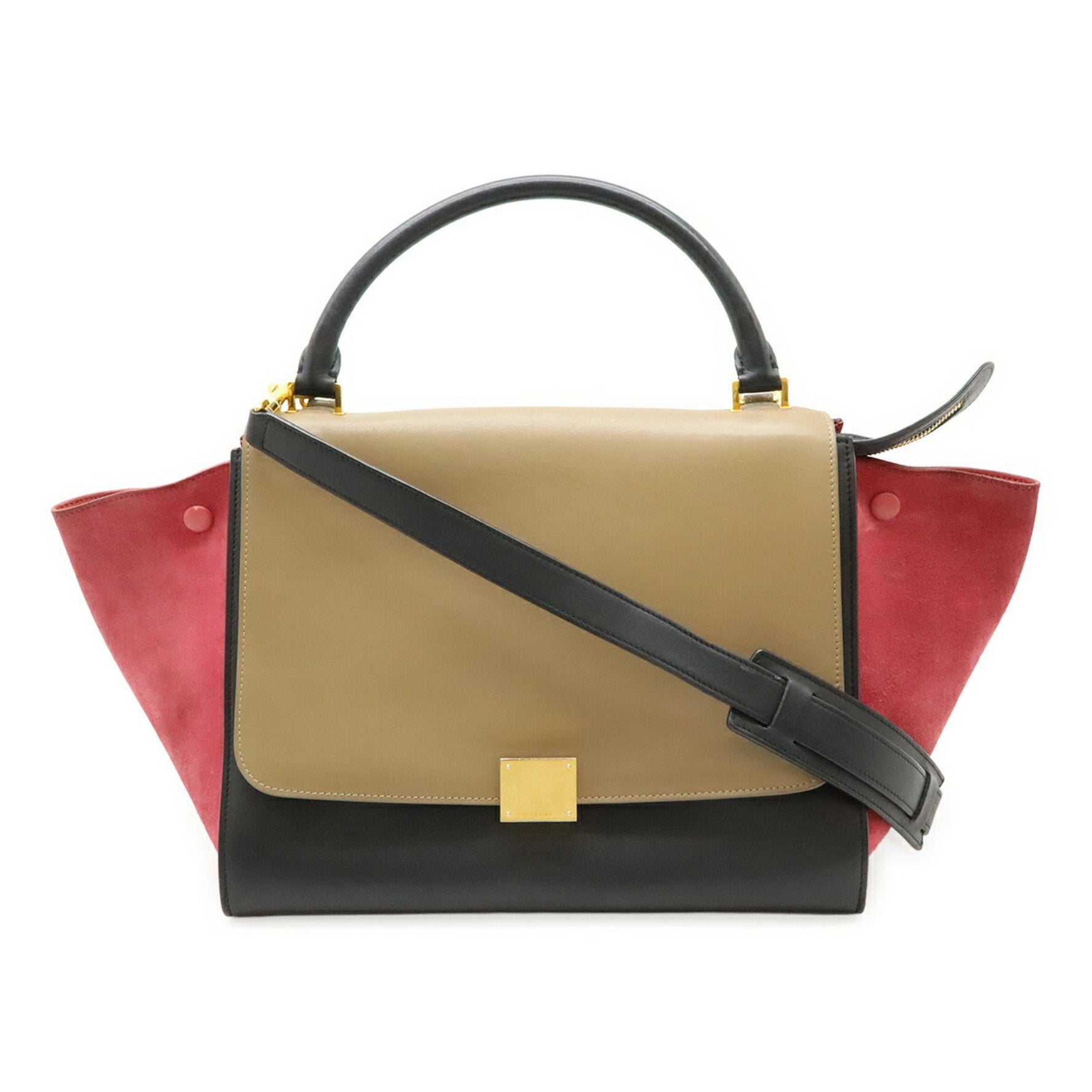 CELINE Trapeze Handbag Shoulder Bag Leather Suede Beige Black Bordeaux