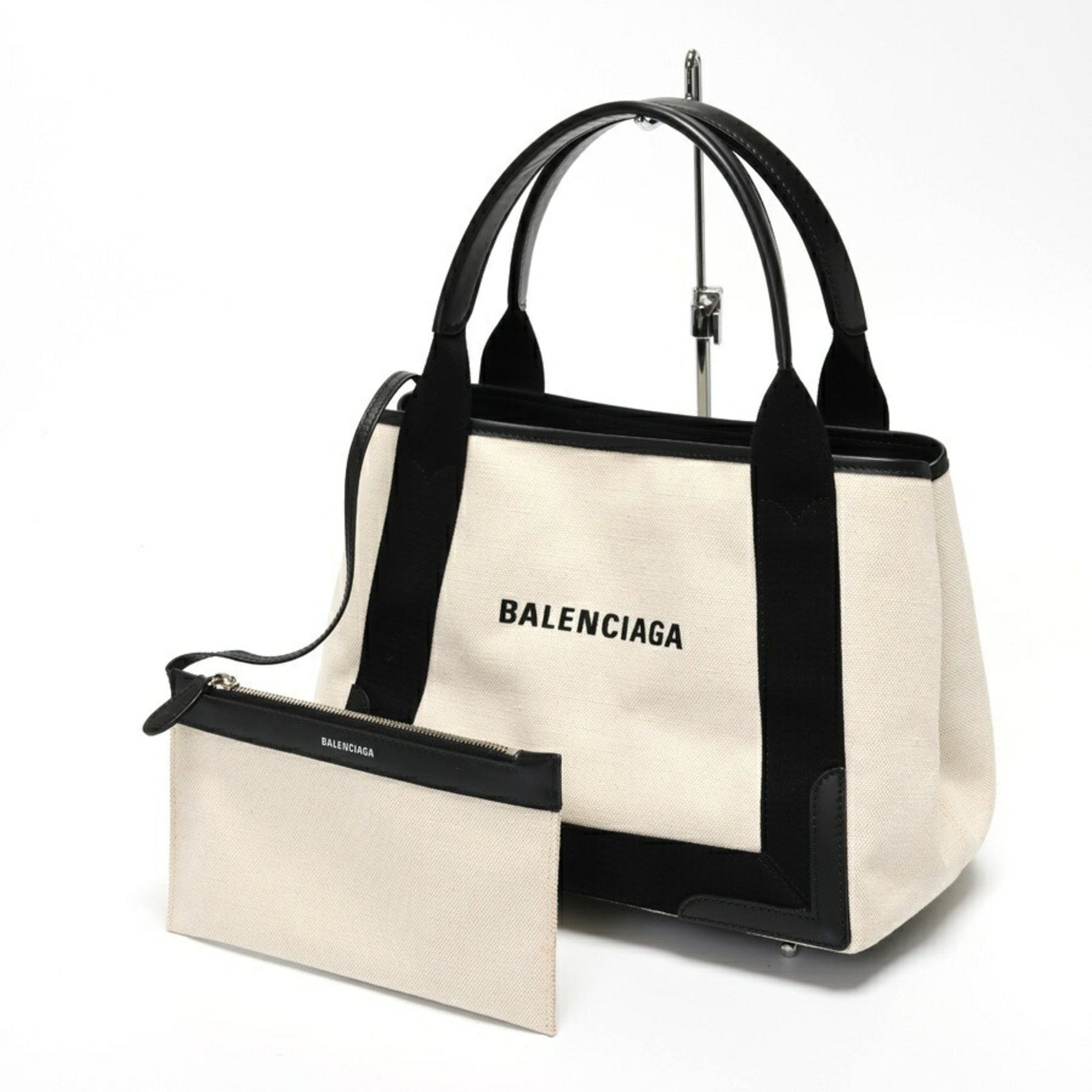 BALENCIAGA Navy Cabas S Tote Bag Canvas/Leather Black E-157497