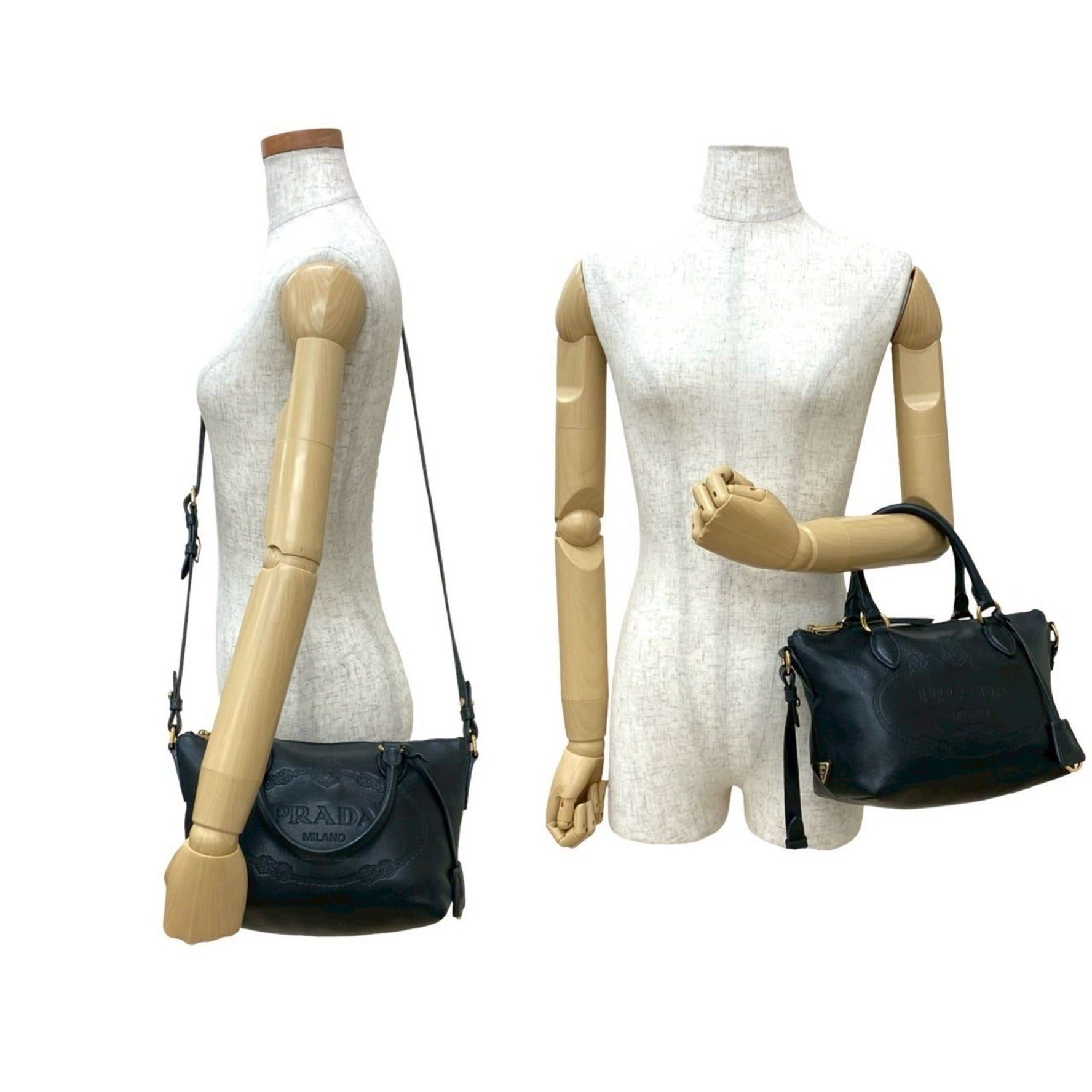 PRADA Embossed Triangle Logo Hardware Leather Handbag Mini Tote Bag Shoulder