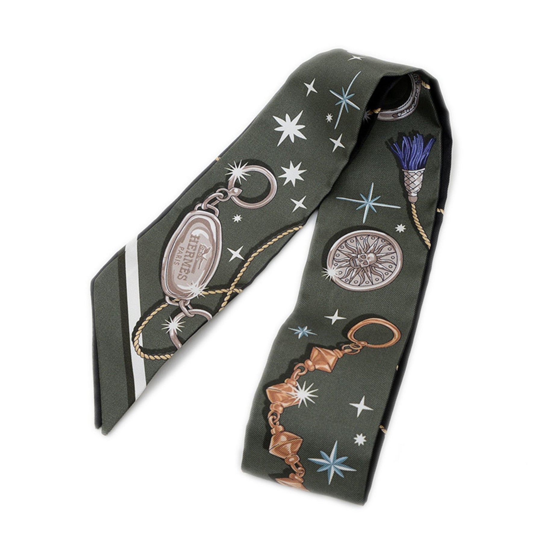 Hermes Hermès Twilly Scarf/Muffler, Seraphet Silk, Khaki Fonce, White, Black, BP