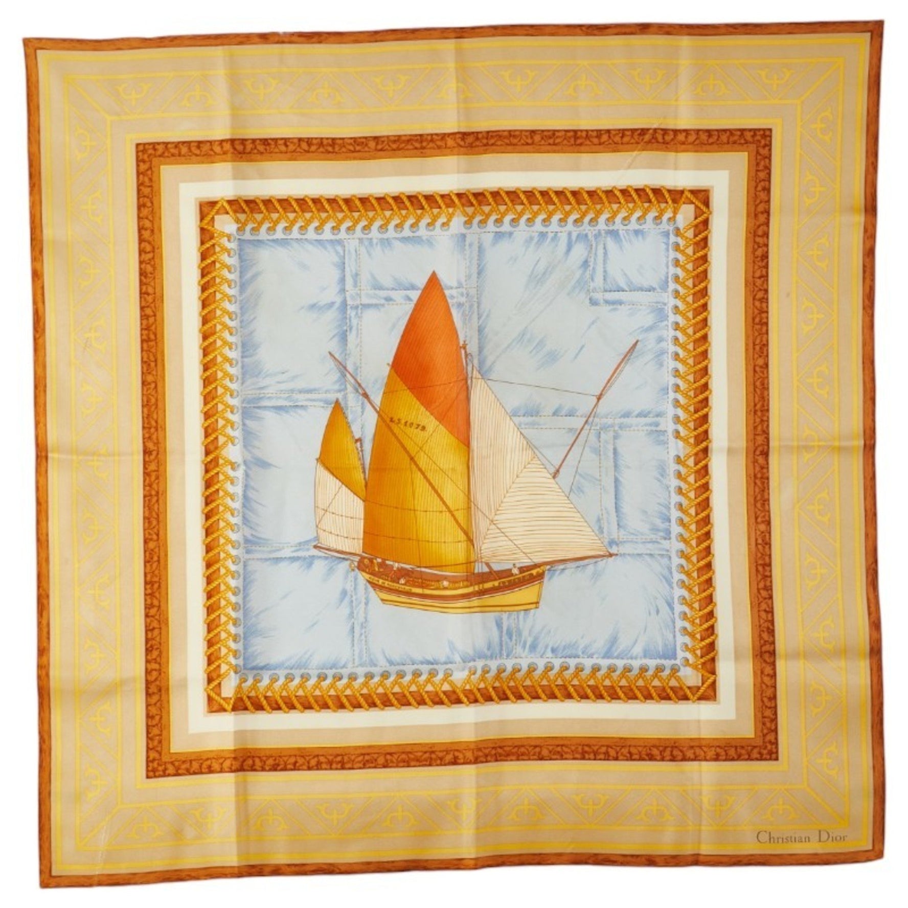 Christian Dior Dior Ship Yacht Motif Scarf, Brown, Blue, Multicolor, Silk