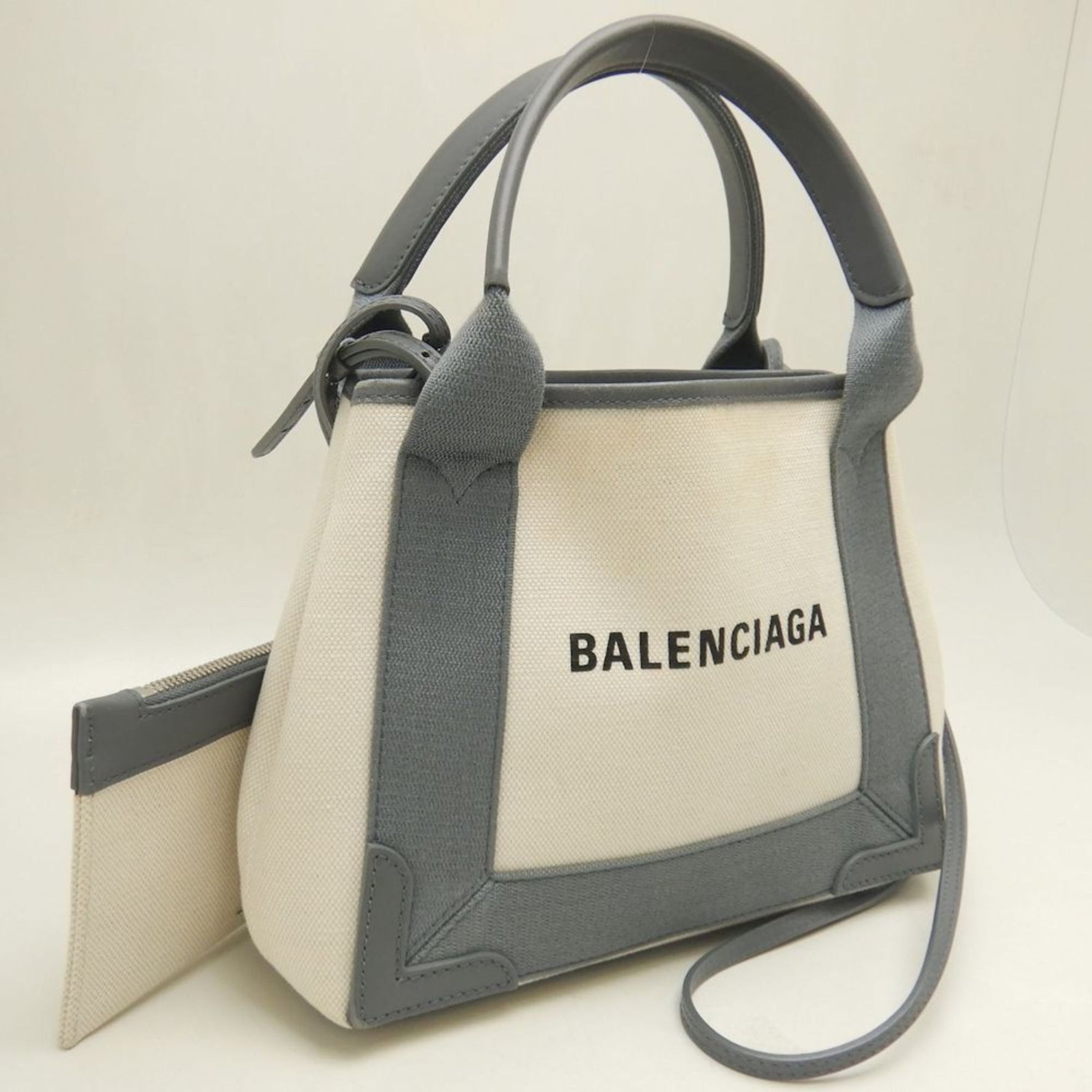 BALENCIAGA Cabas XS Handbag in Canvas and Calfskin, Ivory Gray,