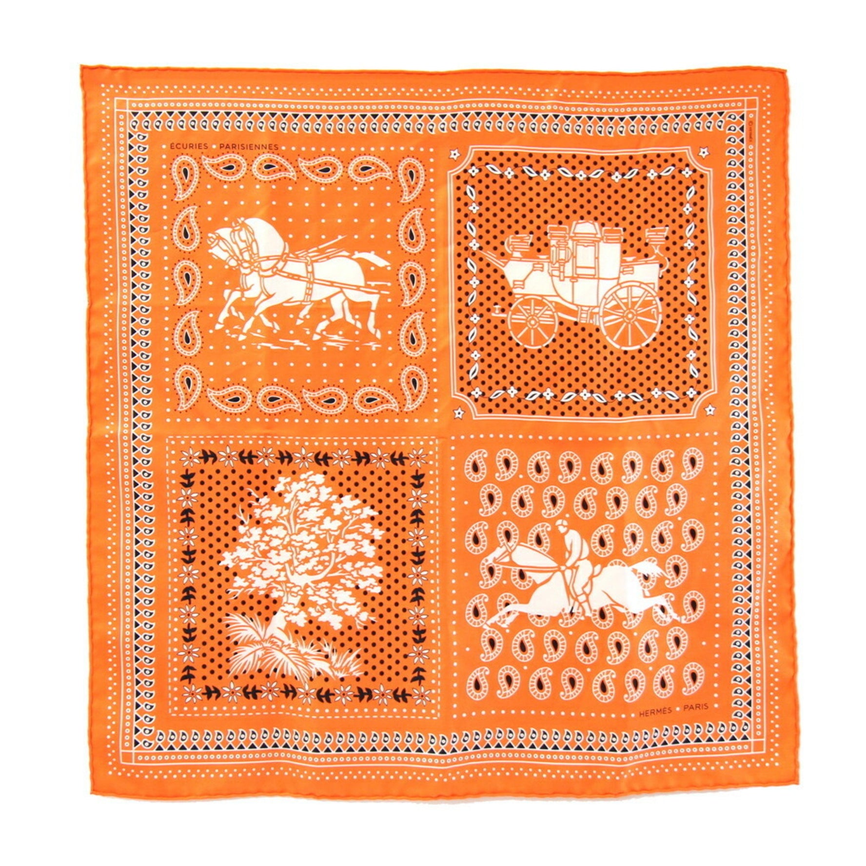 Hermès Carré 55 Scarf, "ECURIES PARISIENNES" (Paris Stables), 100% Silk, Silk Bandana, Mini Stole, Horse, HERMES