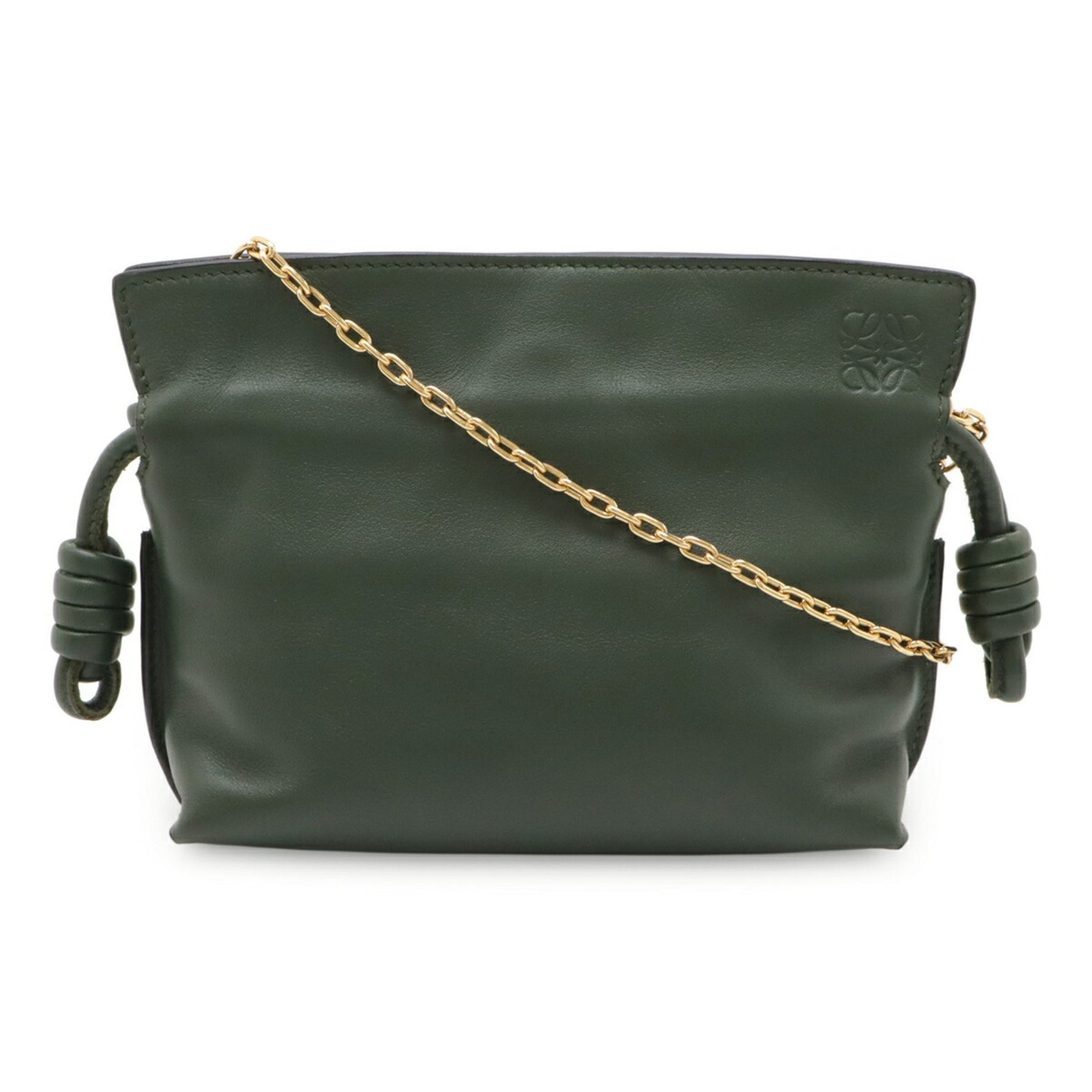 LOEWE Flamenco Clutch Nano Pochette Chain Shoulder Bag in Nappa Calf Leather, Dark Green