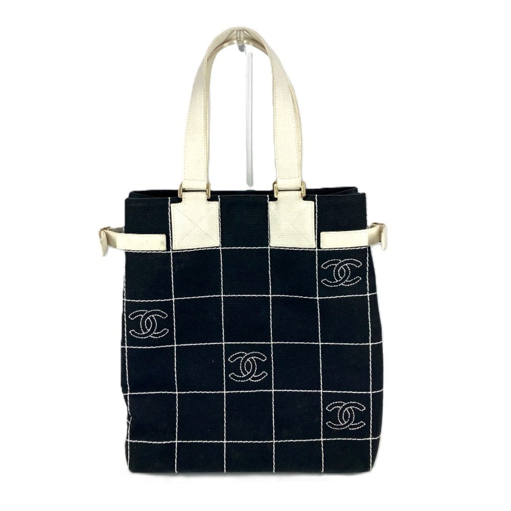 CHANEL CC Coco Mark Bicolor Tote Bag, Vertical Logo Shoulder Canvas, Black