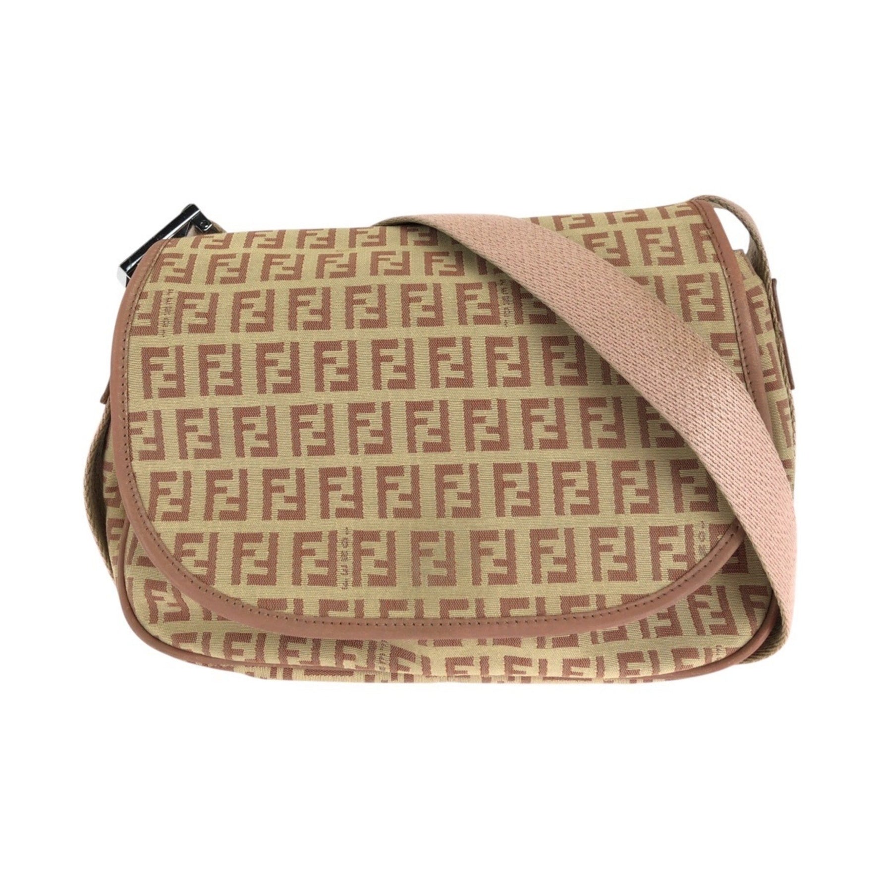FENDI Zucchino Beige Pink Silver Hardware Canvas Leather Shoulder Bag Pochette