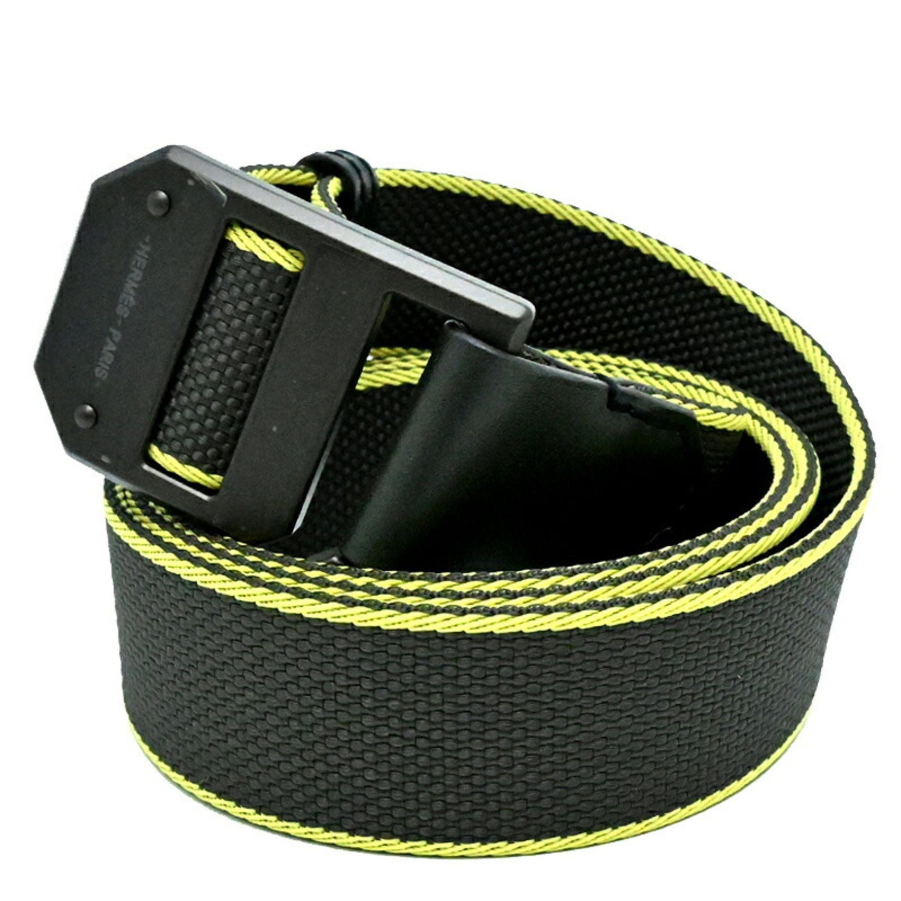 Hermes Hermès Slide 30 Belt #M, B Stamp, Made in 2023, Men's Belt, Hunter/Polyamide/Aluminum, Khaki and Yellow