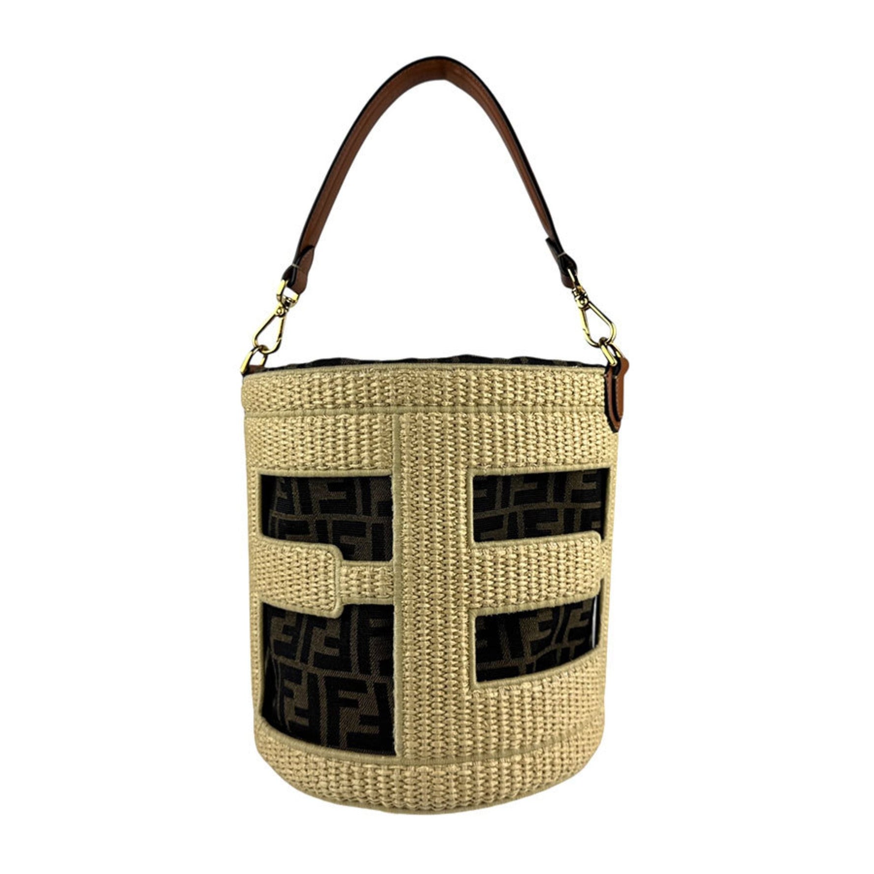 FENDI Step Out Medium Bucket Bag in Nylon Canvas and Raffia with Natural Finish