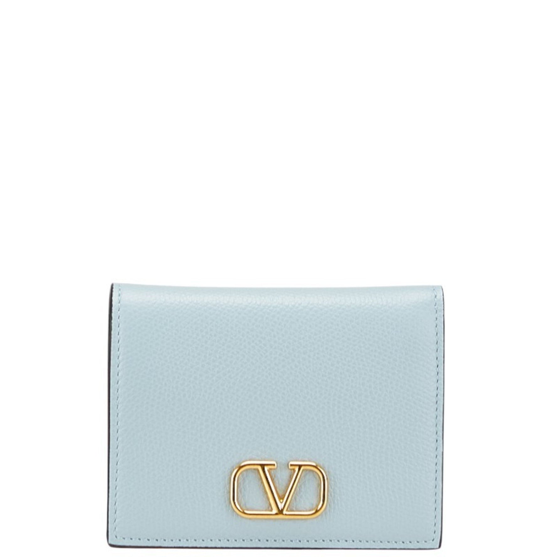 Valentino Garavani V Logo Signature Small Bifold Wallet Porcelain Blue Soft Grained Calfskin VALENTINO