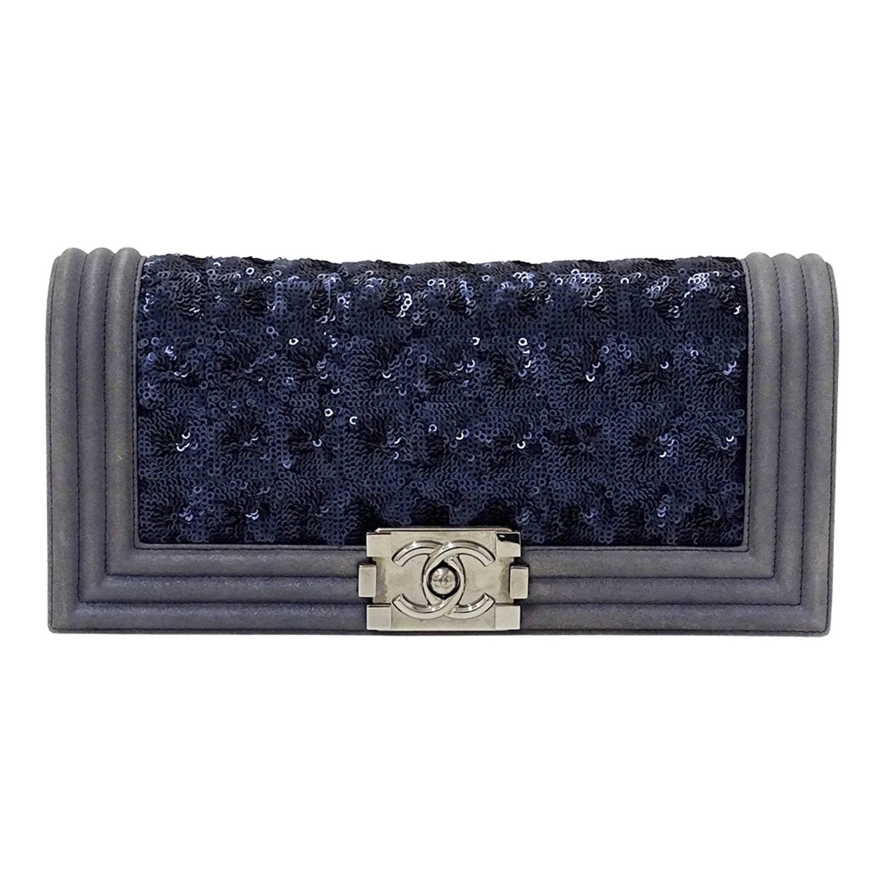 Chanel Boy Clutch Bag/Second Handbag in with Sequins and Silver Hardware, Perfect for Parties Compact Bags