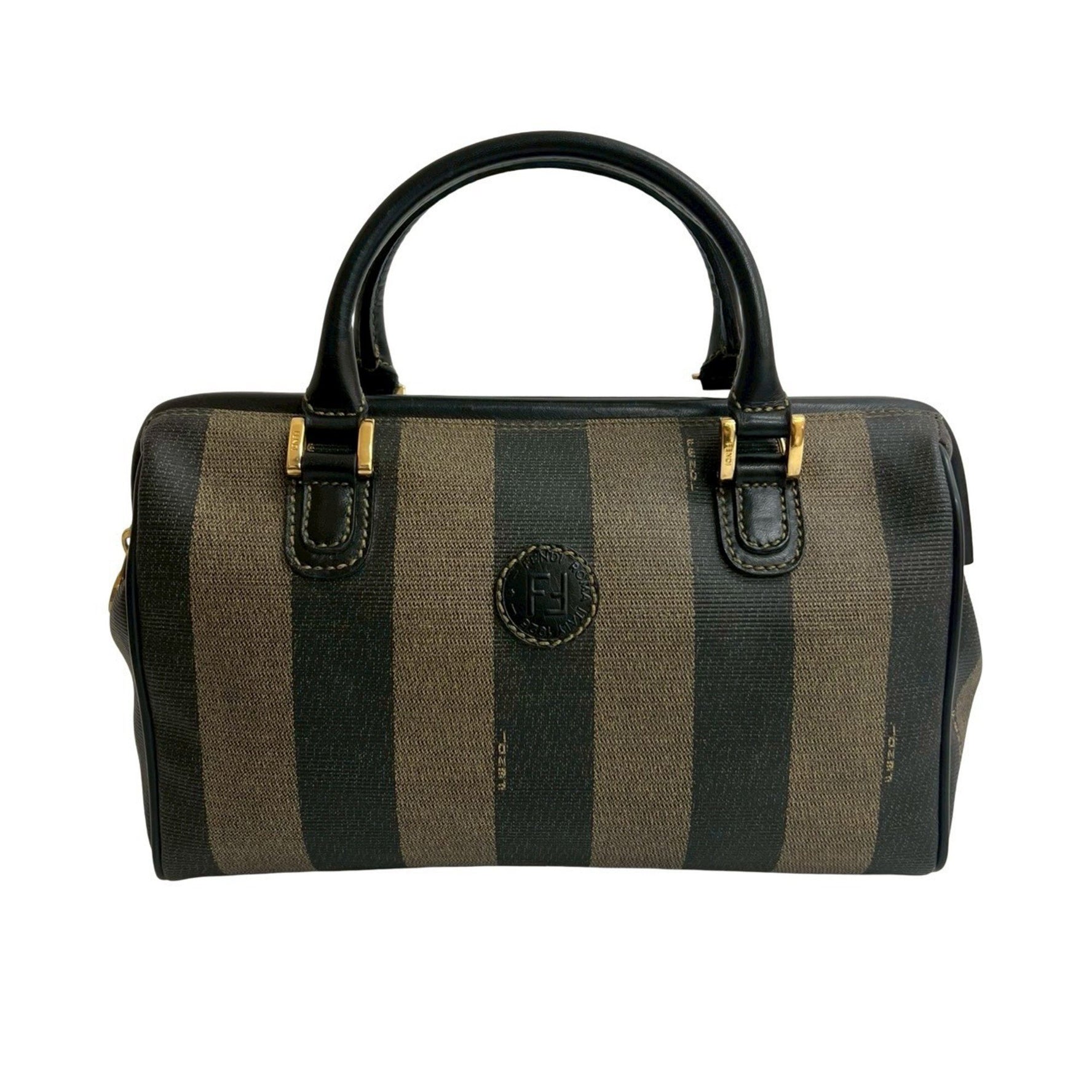 FENDI Pecan print FF logo embossed leather handbag/mini Boston bag in black and khaki