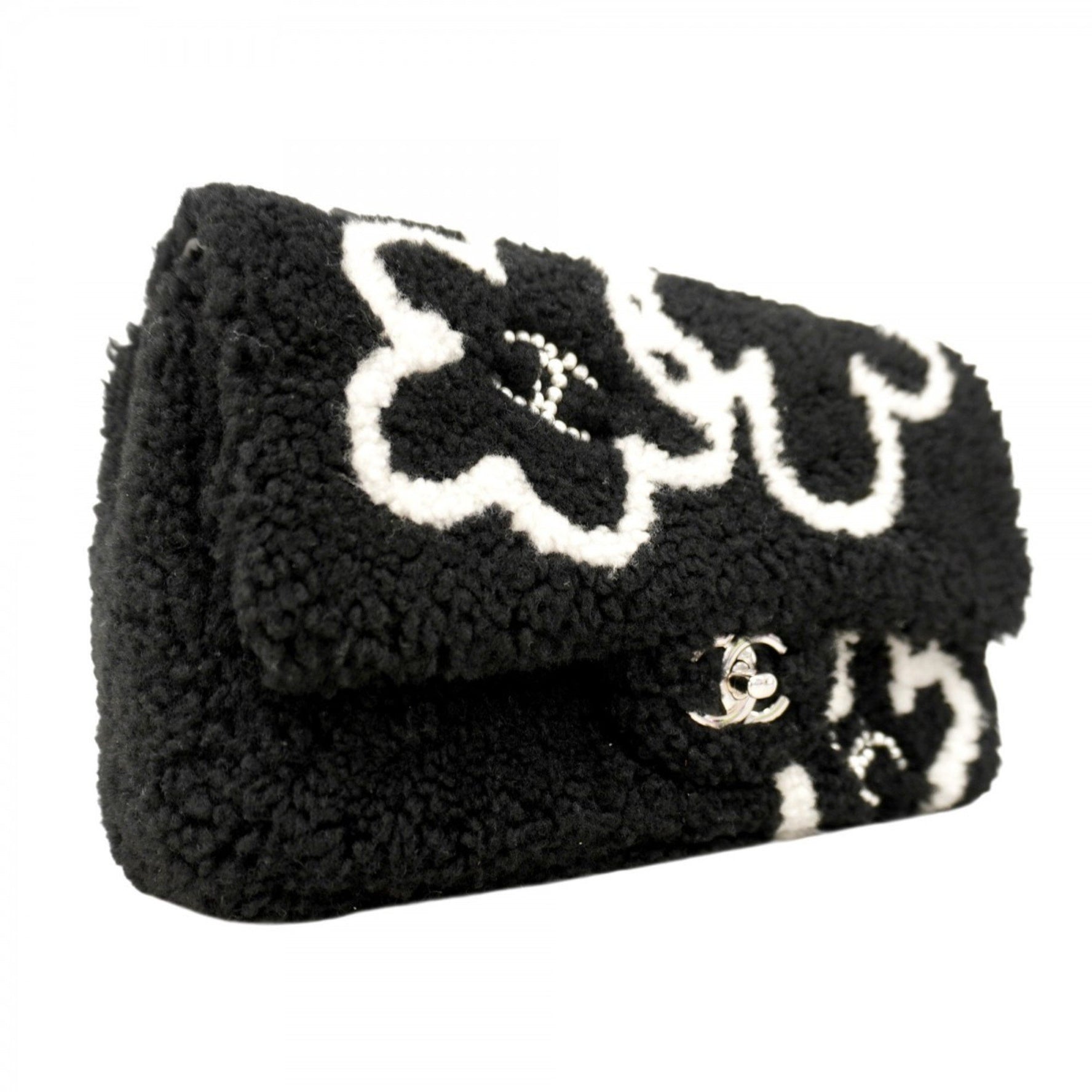 Chanel Camellia Shoulder Bag with Double Chain, Mouton, Black and White