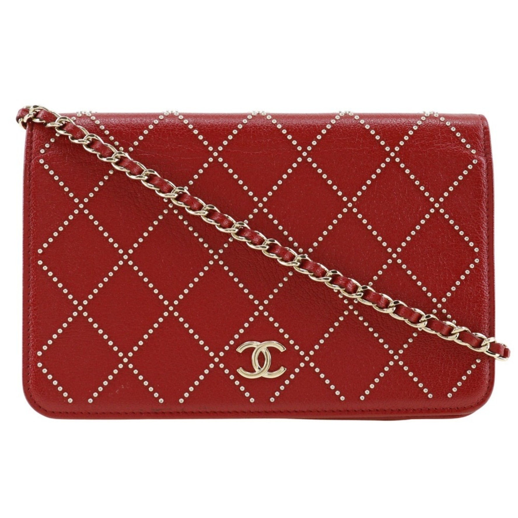 CHANEL Studs Chain Wallet Matelasse Coco Mark Calfskin 2019 Red Type Women's