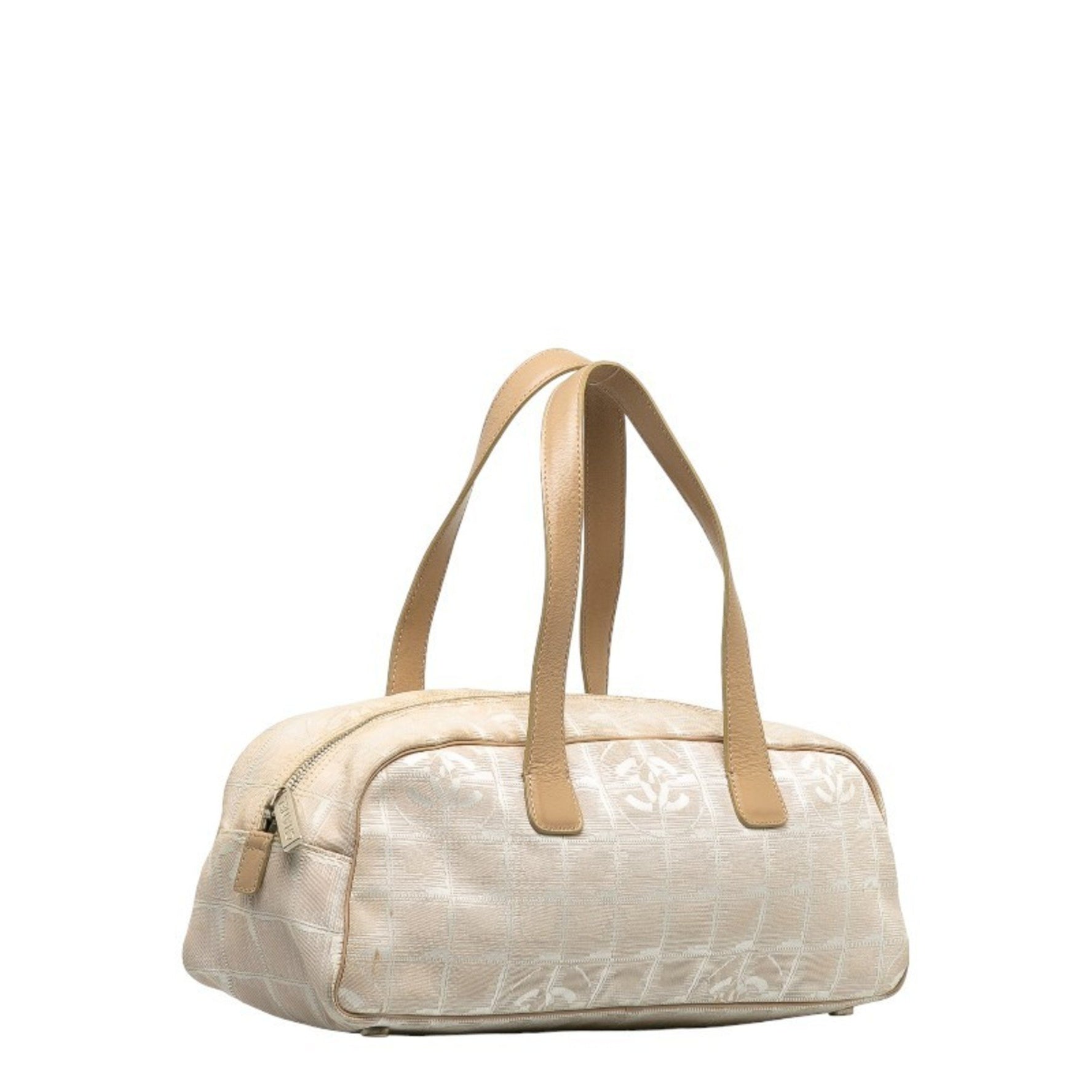 Chanel New Travel Line Handbag Boston Bag Ivory Beige Canvas Leather