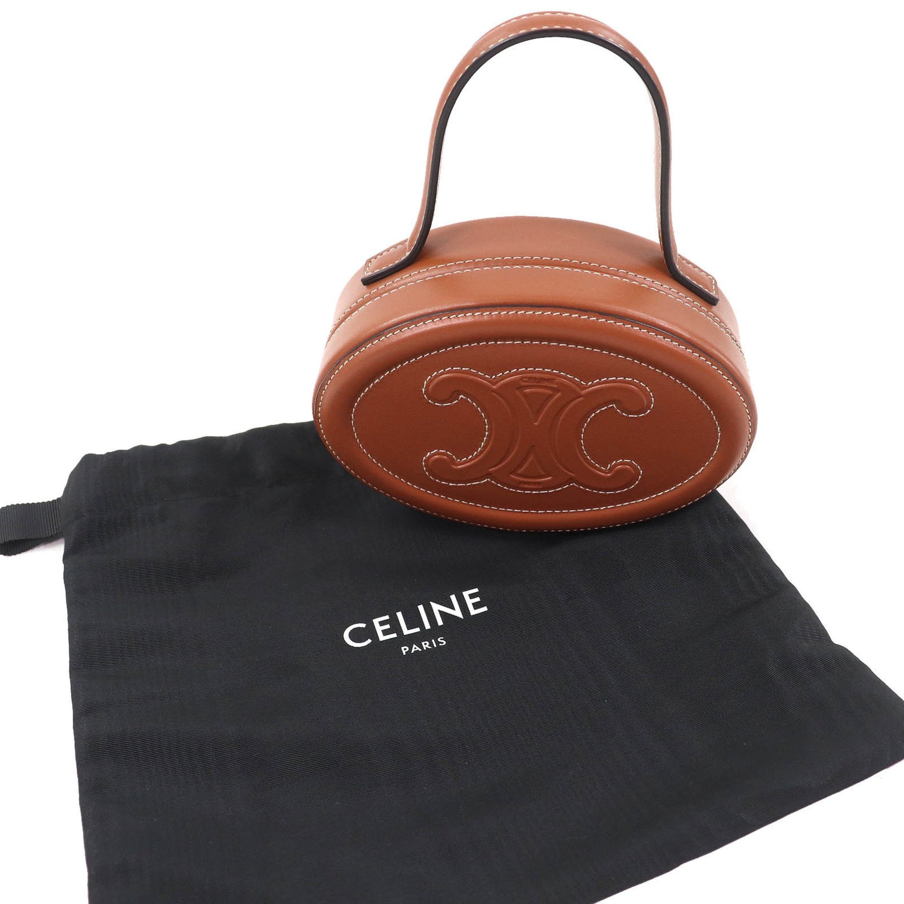 CELINE Oval Minaudière Cuir Triomphe Smooth Calfskin Leather Handbag in Tan and Includes Dust Bag, Made Italy