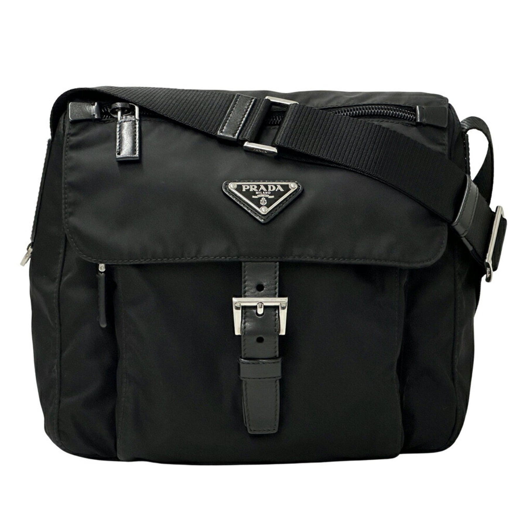 Prada Tessuto Triangle Nylon Shoulder Bag for Men and Women, Black, BT8994