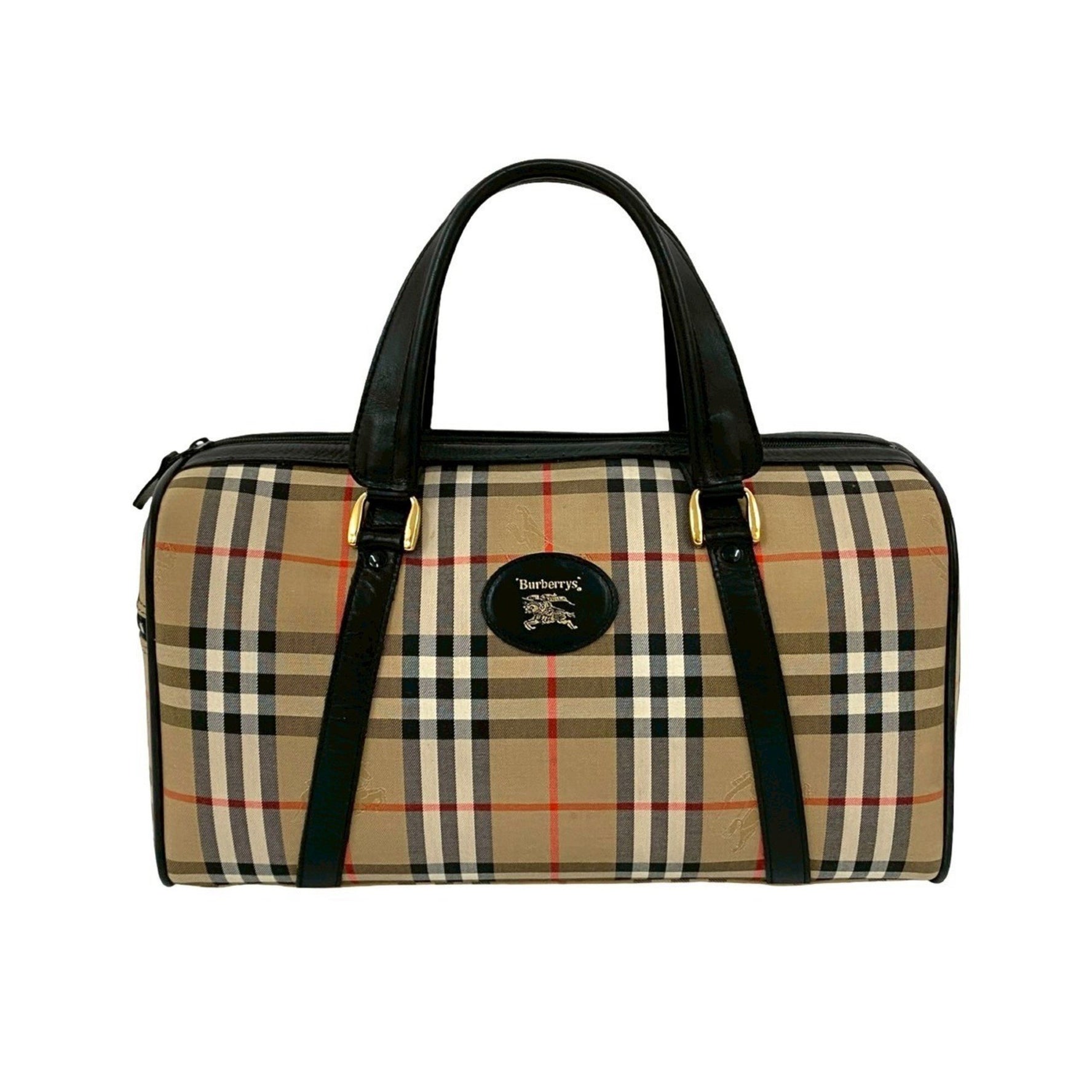 Burberry Nova Check Shadow Horse Logo Canvas and Leather Boston Bag in Beige Black