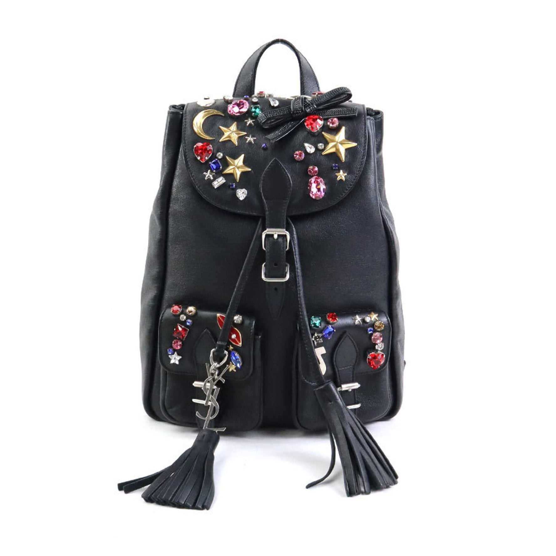 Saint Laurent Embellished Backpack Leather Metal Black Multicolor Silver Women's e59898a