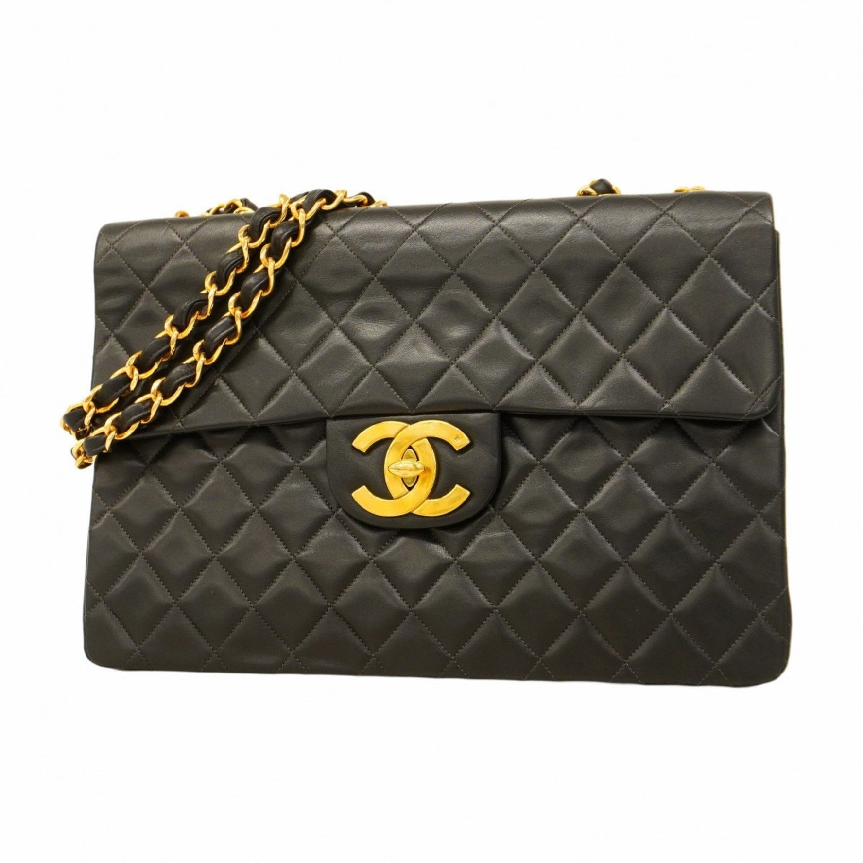 Chanel Shoulder Bag, Large Matelasse, Double Chain, Lambskin, Black, Women's
