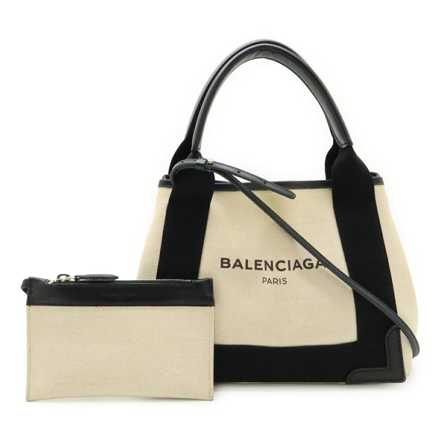 BALENCIAGA Navy Cabas XS Handbag/Shoulder Bag in Ivory and Black Canvas