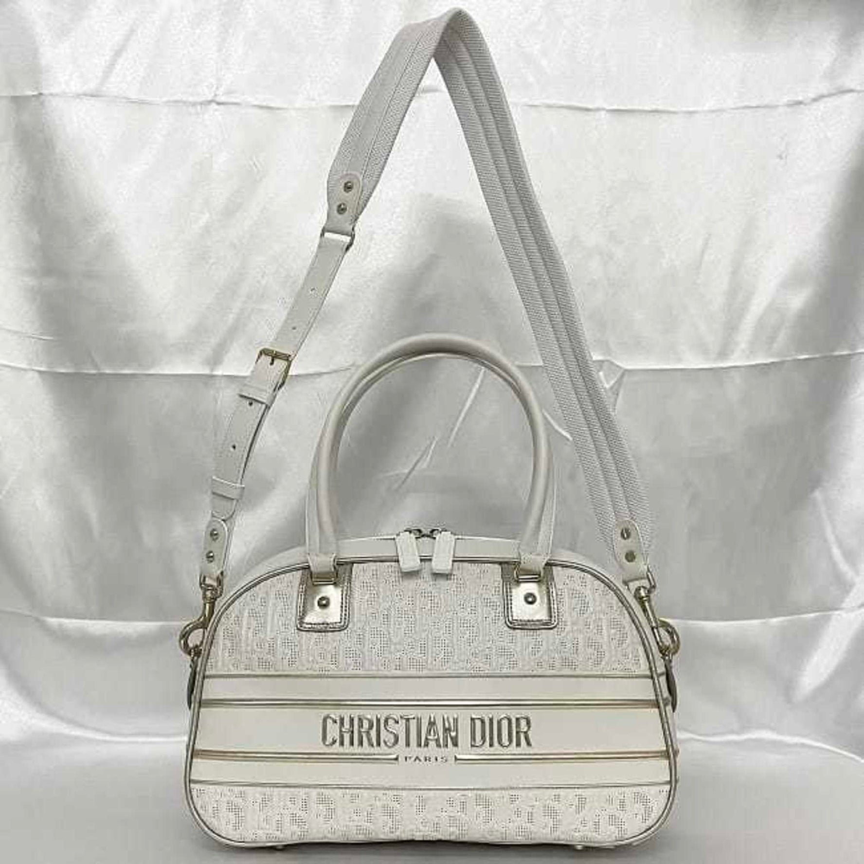 Christian Dior Bag Vibe Medium Bowling Gold Boston Handbag Leather Rubber Trotter