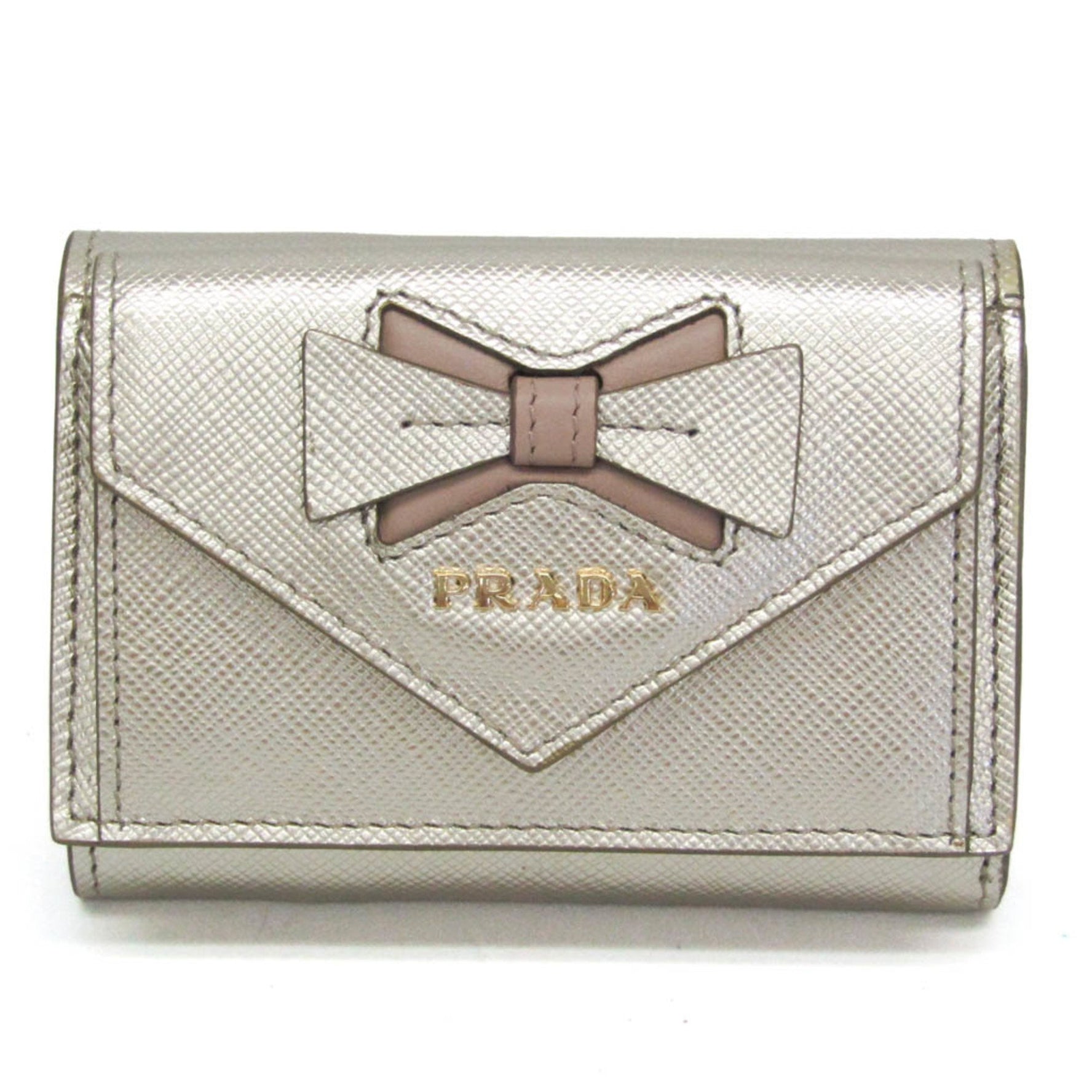 Prada Saffiano SAFFIANO FIOCCO 1MH021 Women's Leather Wallet (tri-fold) Champagne Gold,Pink Beige