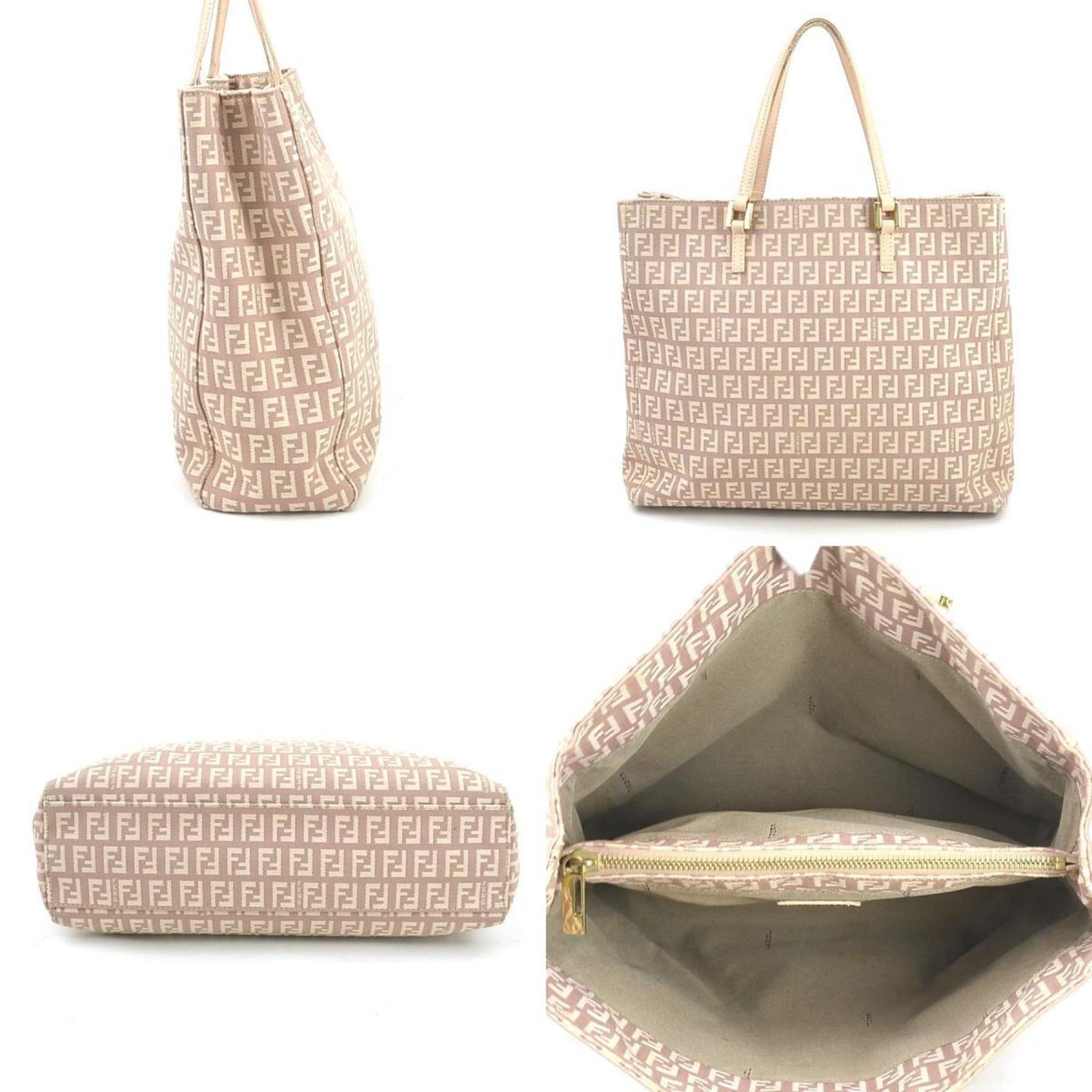 FENDI Handbag Zucchino Canvas Leather Pink Beige