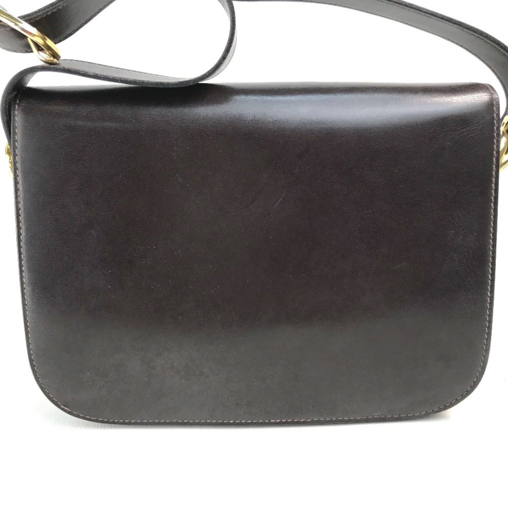 CELINE Vintage Carriage Hardware Shoulder Bag, Leather, Dark Brown with Gold