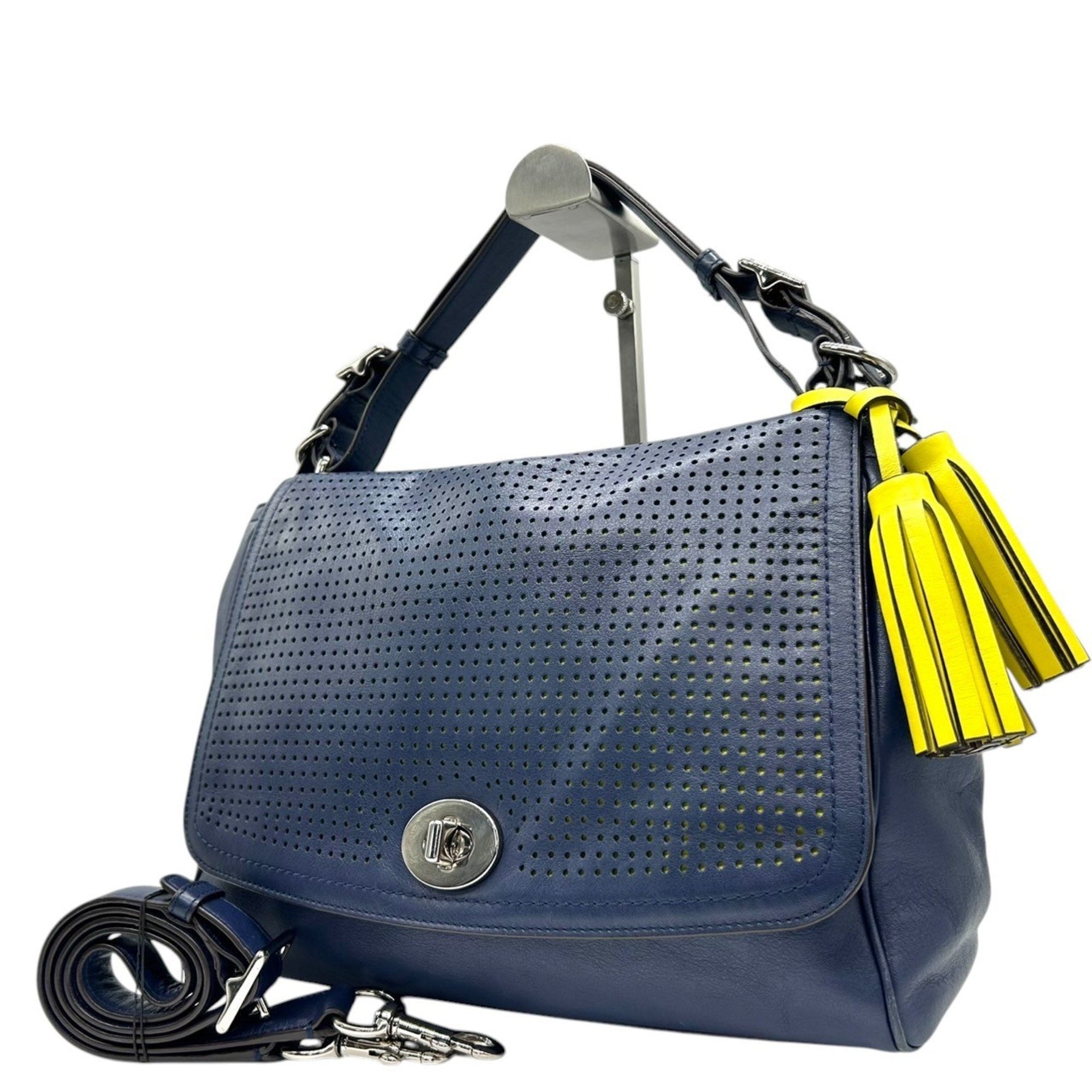 COACH Legacy Handbag/Shoulder Bag in Perforated Leather, Navy and Yellow
