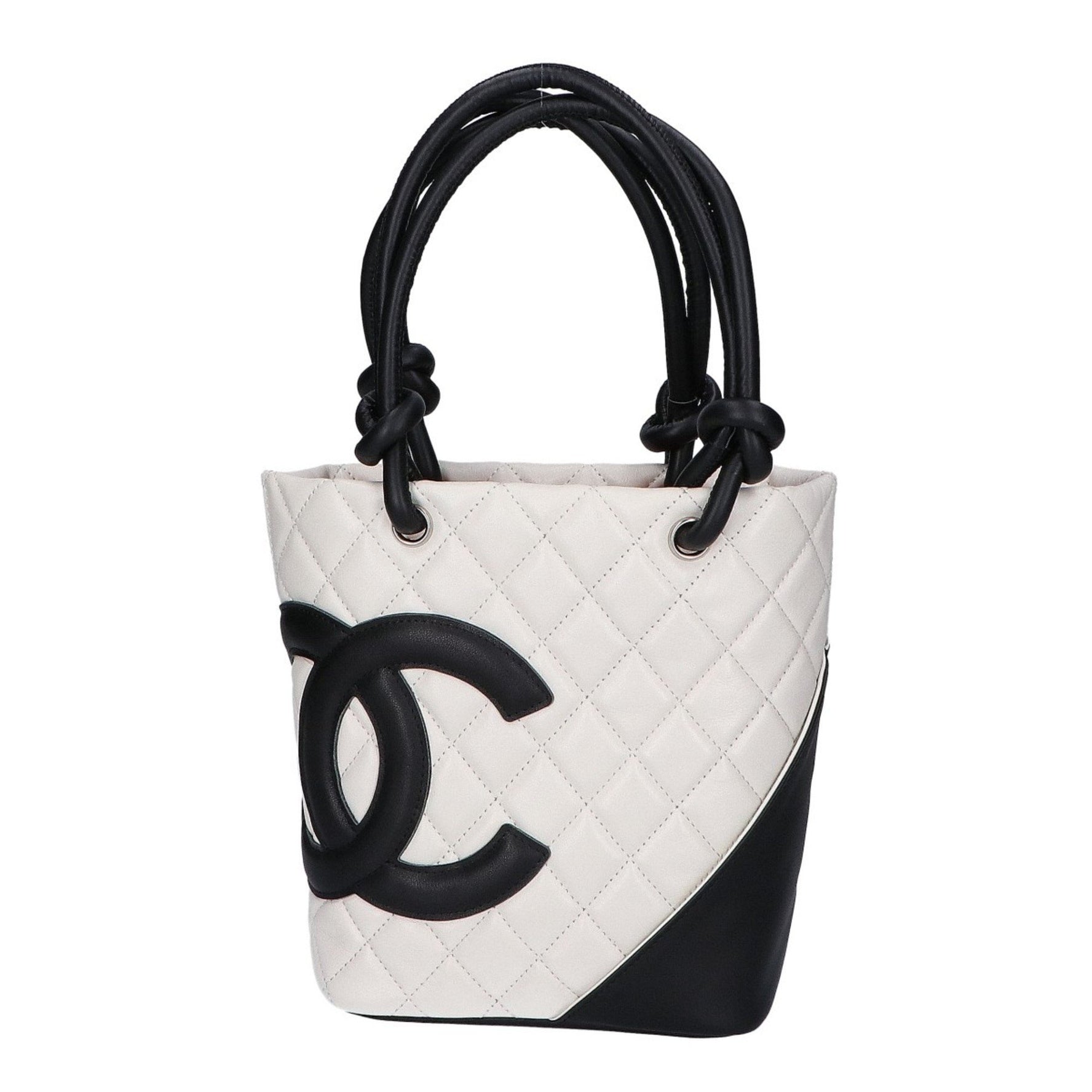 CHANEL Cambon Line Lambskin Small Tote Bag, Black and White