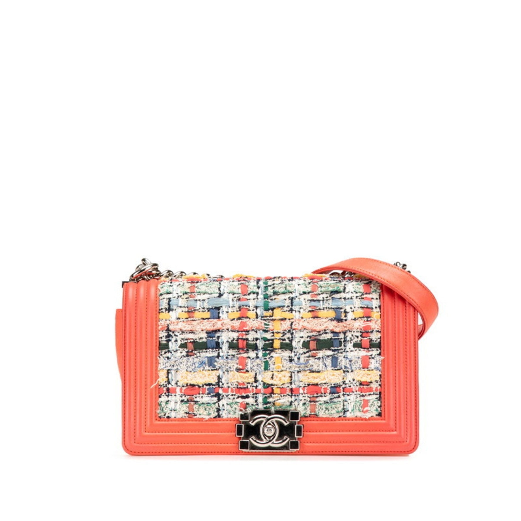Chanel Coco Mark Boy 25 Shoulder Bag in Orange, Multicolored Tweed and Lambskin