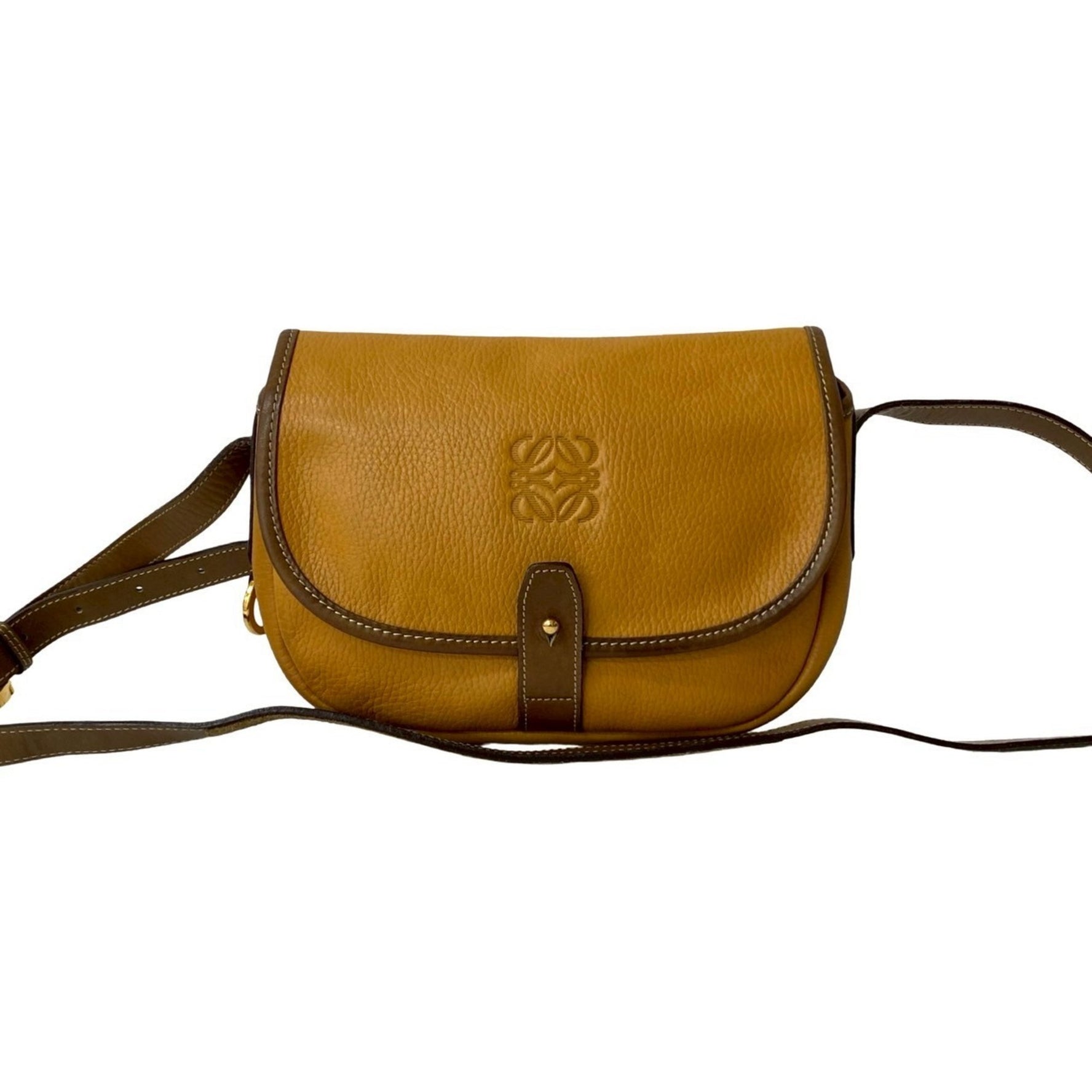 LOEWE Vintage Anagram Logo Engraved Leather Shoulder Bag/Pochette/Sacoche in and Camel