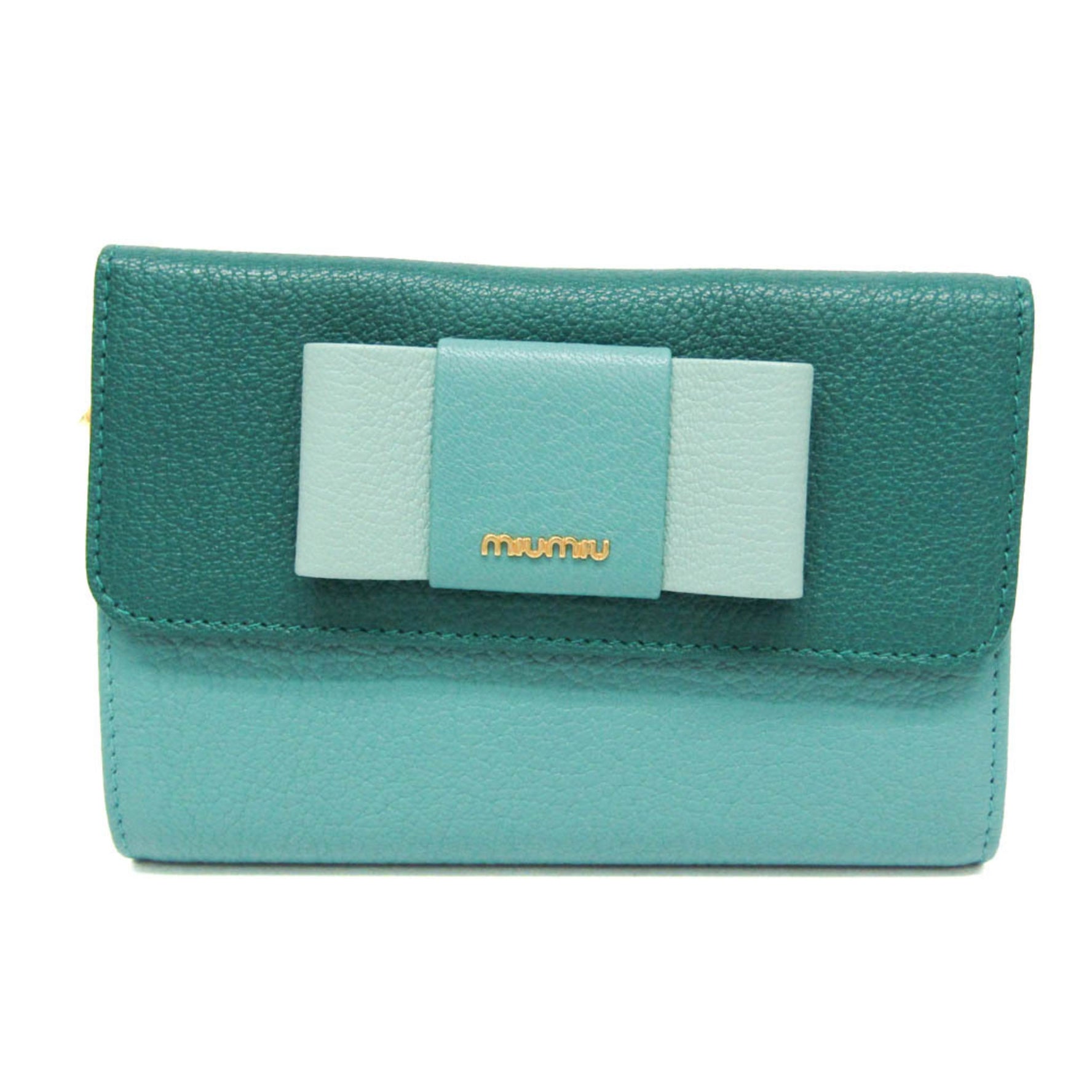 Miu Miu Ribbon Leather Middle Wallet (tri-fold) Green,Light Blue