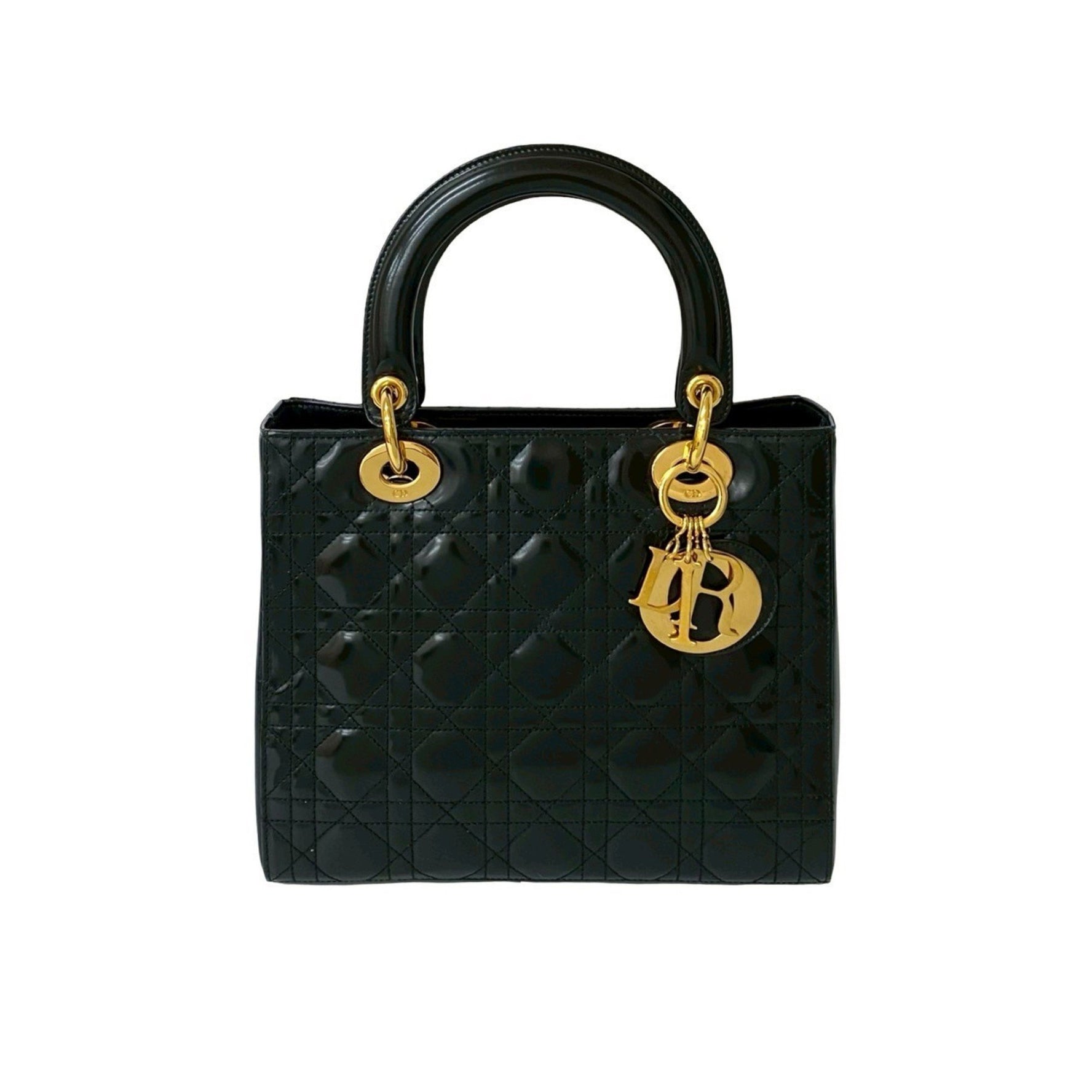 Christian Dior Lady Cannage Stitch Patent Leather Handbag in Black (43172)