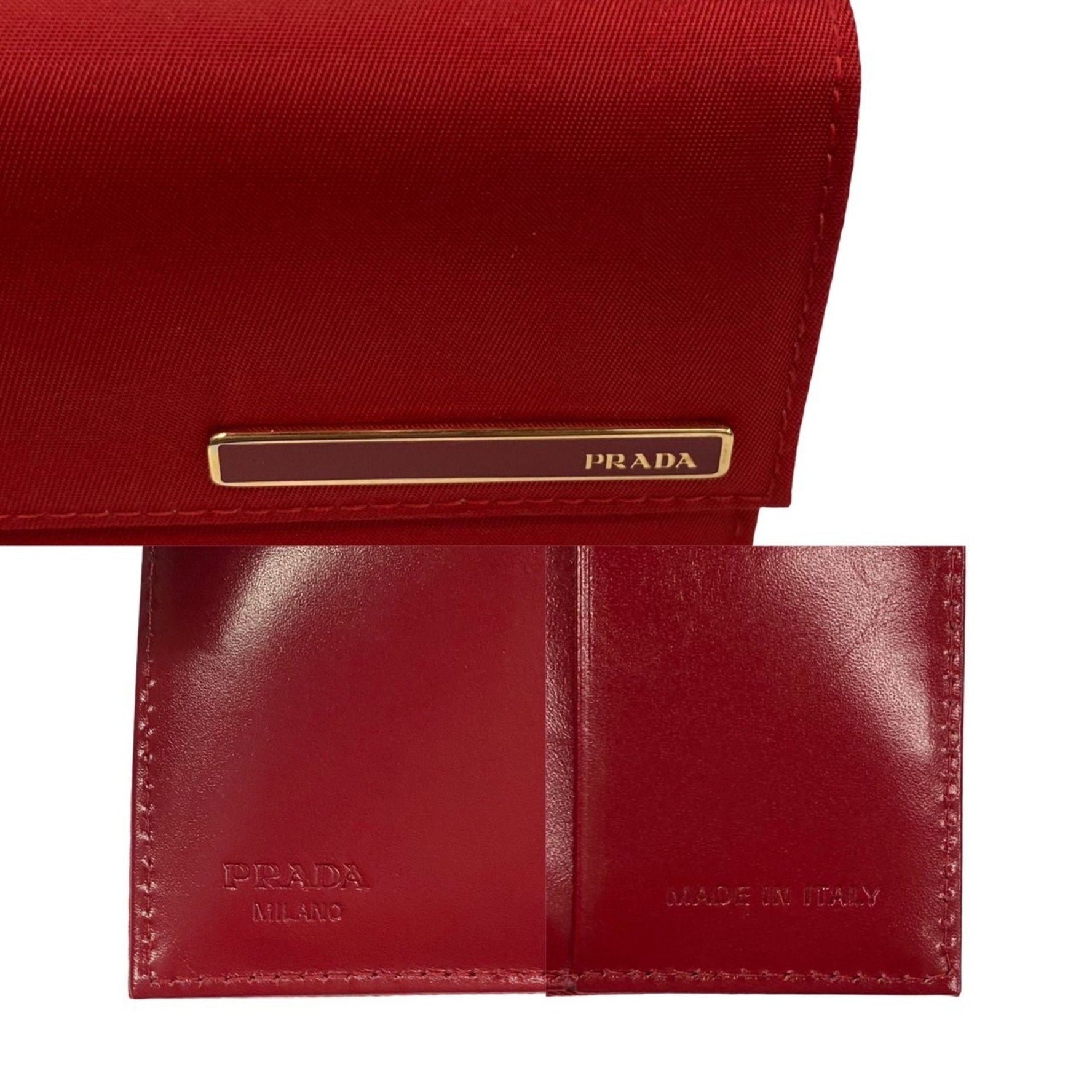 PRADA Prada metal fittings nylon leather bi-fold wallet compact red