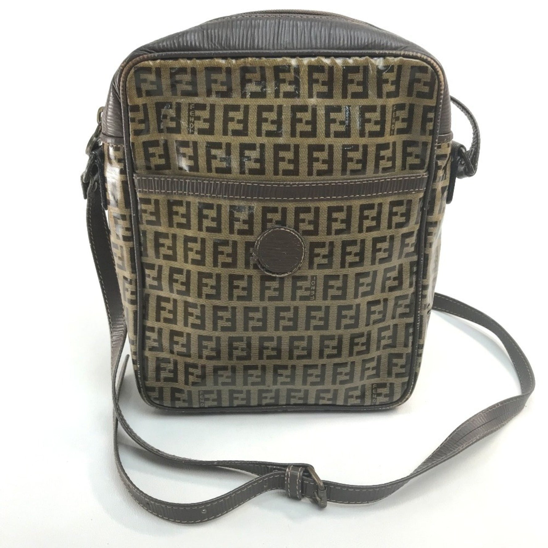 FENDI Vintage Zucca FF Pattern Logo Stamp Pochette Shoulder Bag in Vinyl/Leather, Beige/Brown
