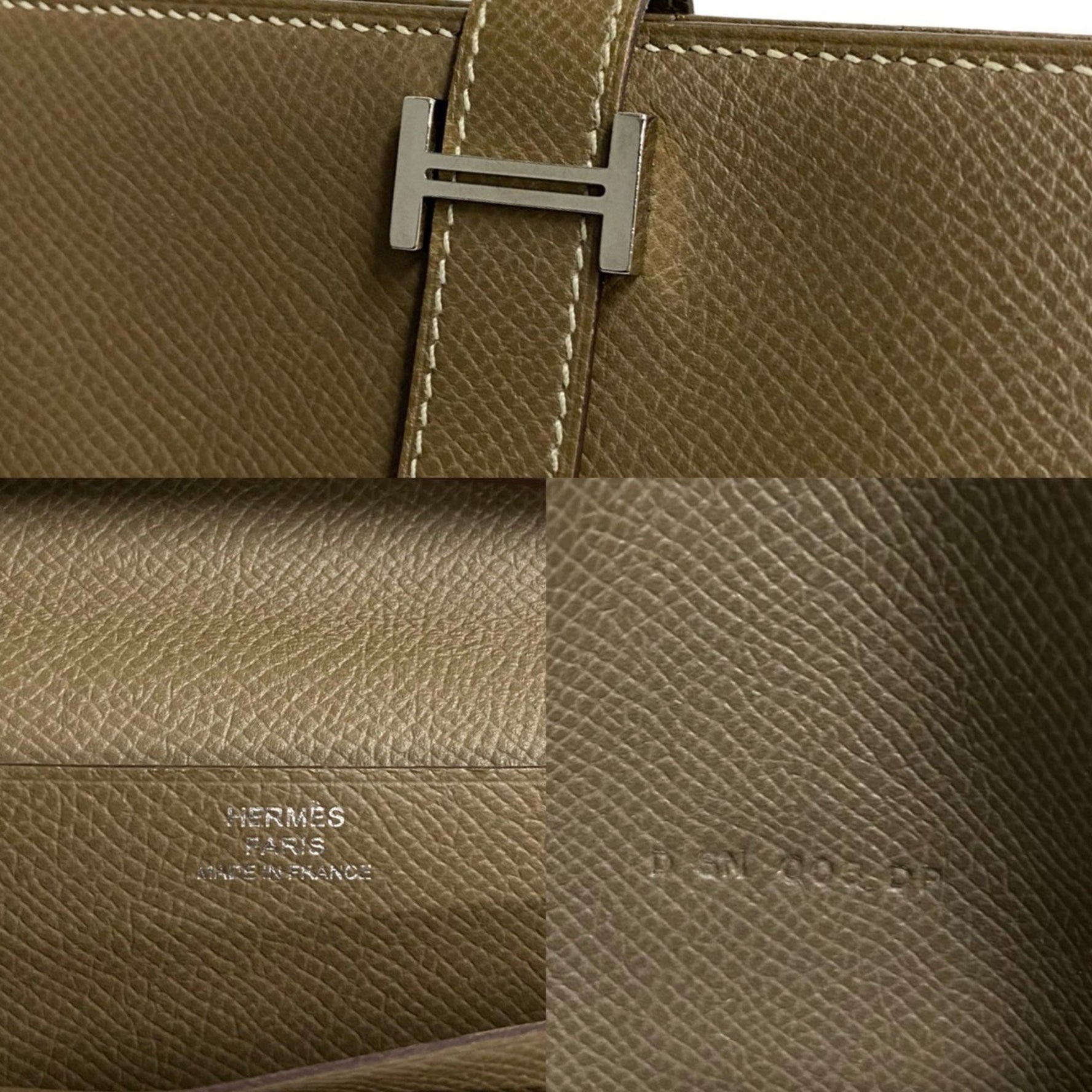 HERMES Bearn Soufflet Epsom Leather Bifold Wallet with Bill Compartment, Etoupe Leather,