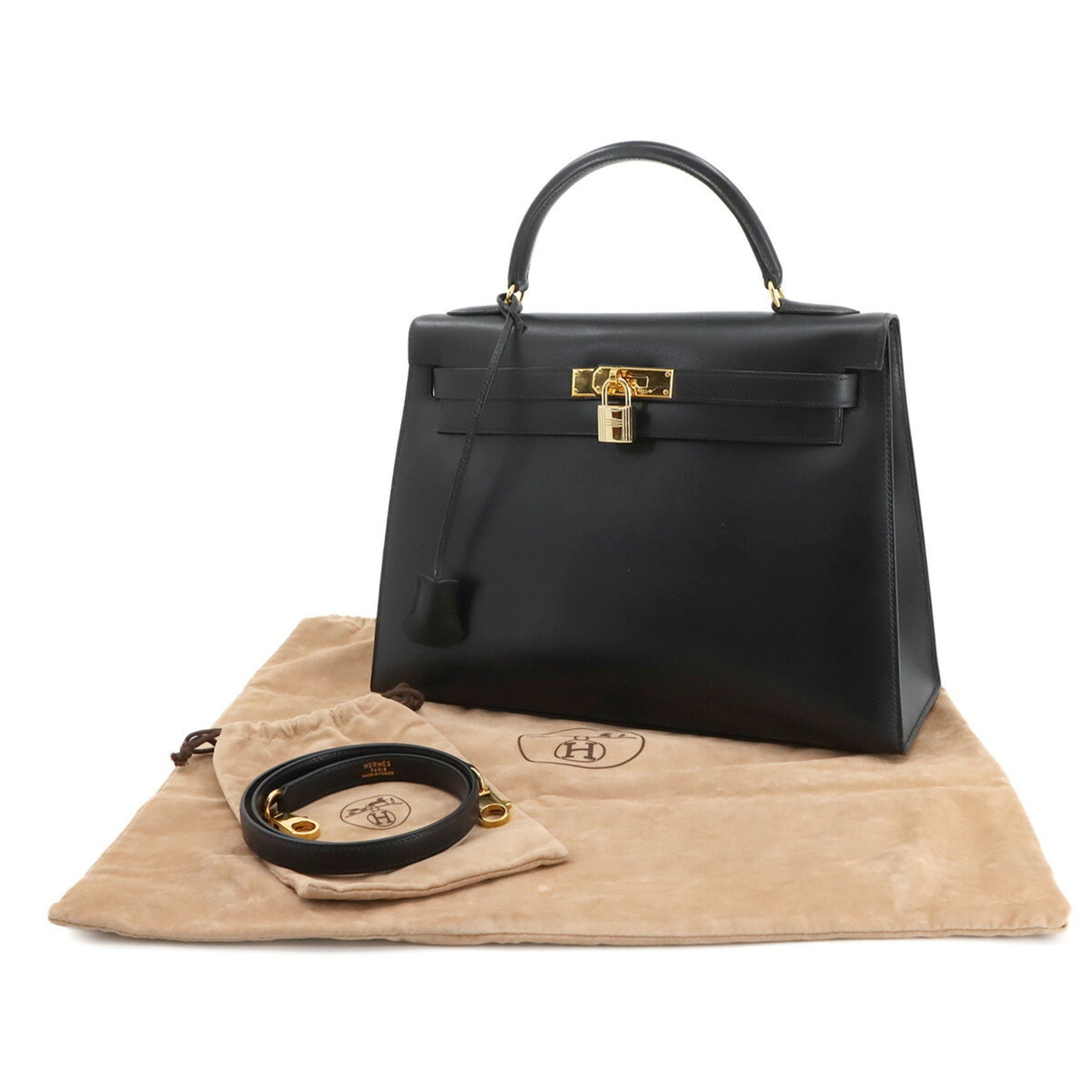 Hermes Hermès Kelly 32 Box Calf Leather Black 2-Way Handbag Shoulder Bag with External Stitching, 〇Z Stamp, Made in 1996, Gold Hardware