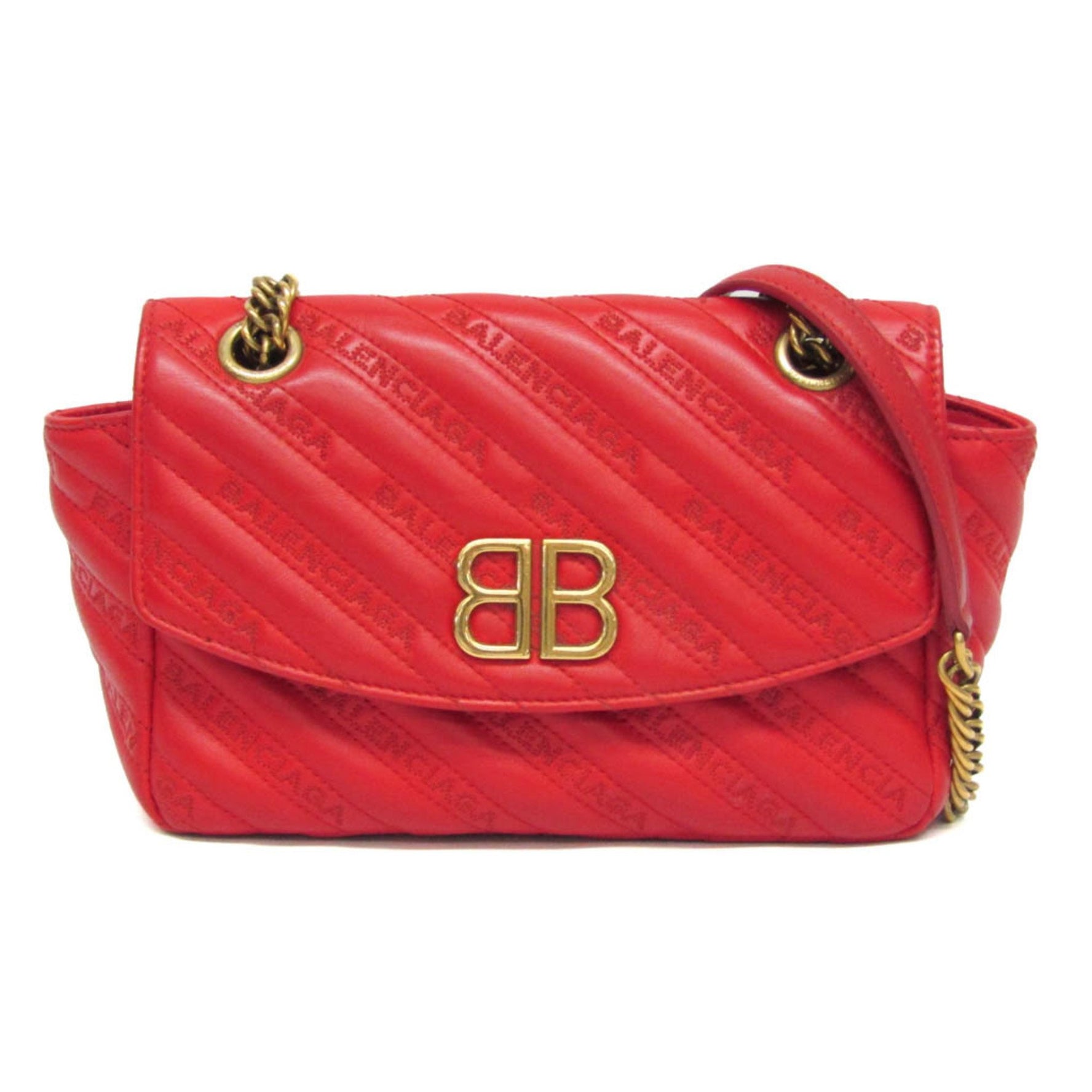 Balenciaga BB Logo Women's Leather Shoulder Bag Red Color