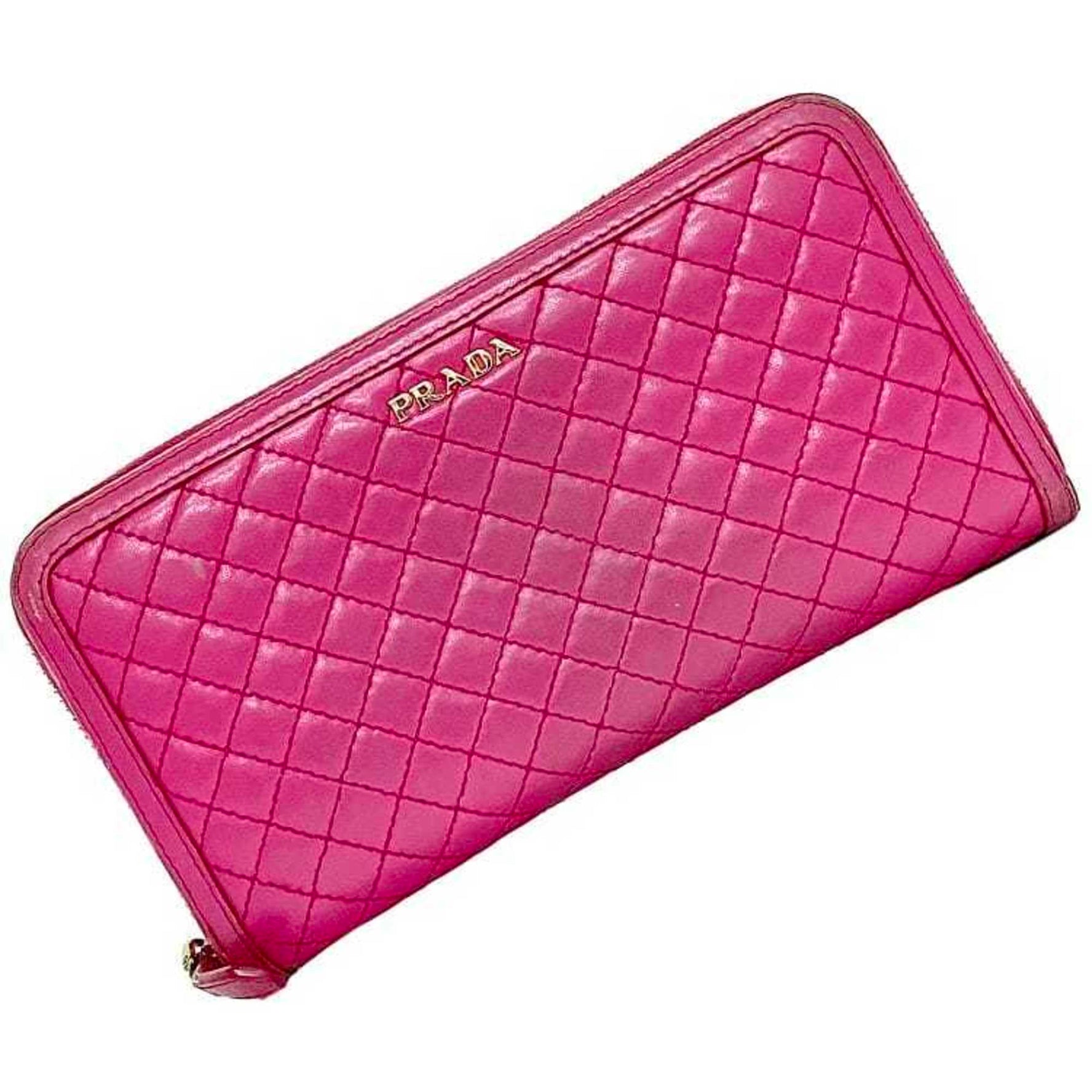 Prada Round Long Wallet Pink FUXIA 1M0506 Quilted Leather PRADA Ladies