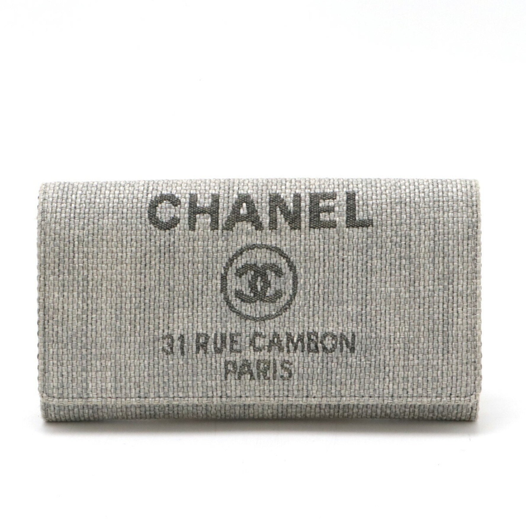 CHANEL Deauville Line Coco Mark Flap Wallet Canvas Leather Light Gray A80053