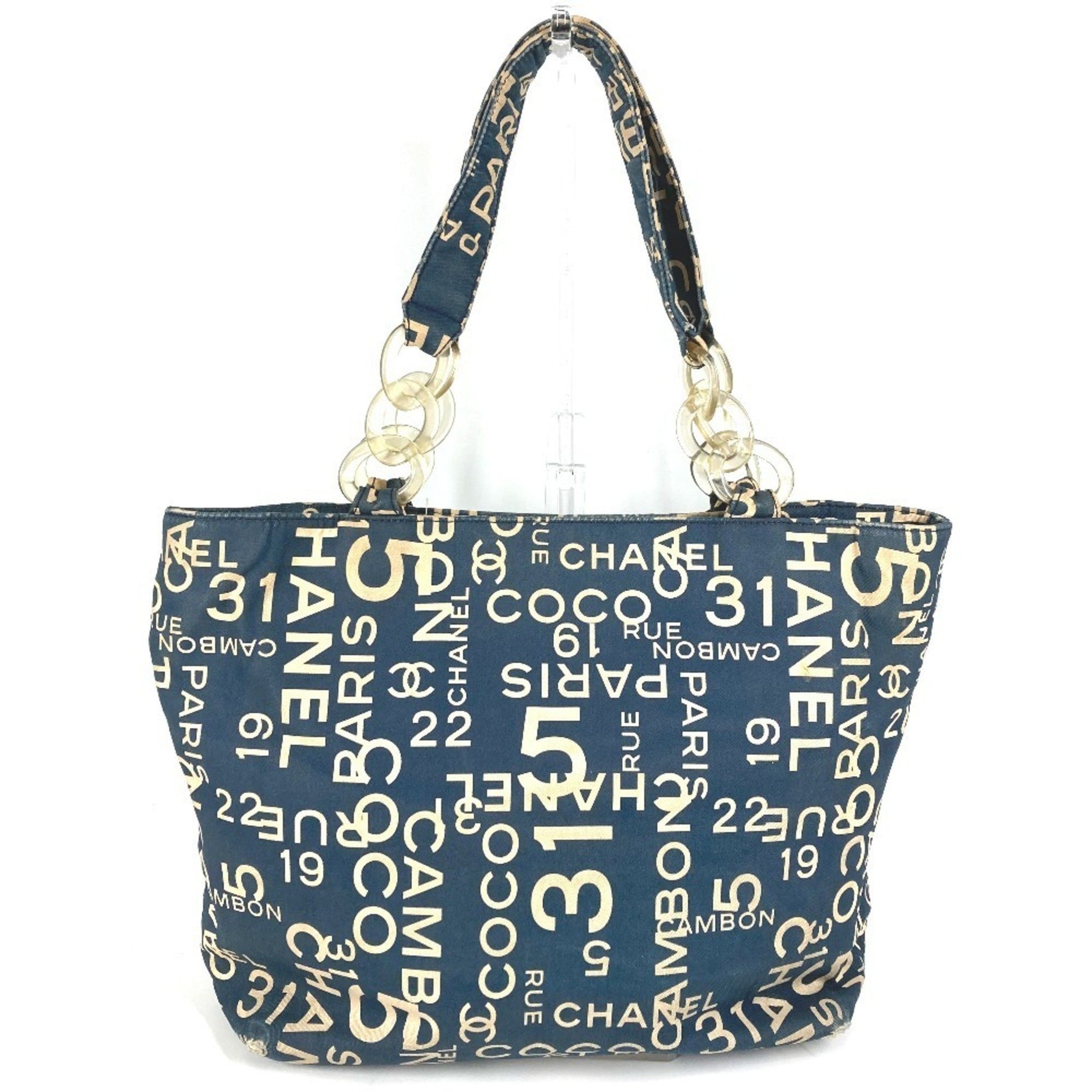 CHANEL Bi-Cea Line Logo Shoulder Bag with Cell Phone Pouch and Plastic Chain Tote Bag, Canvas, Navy