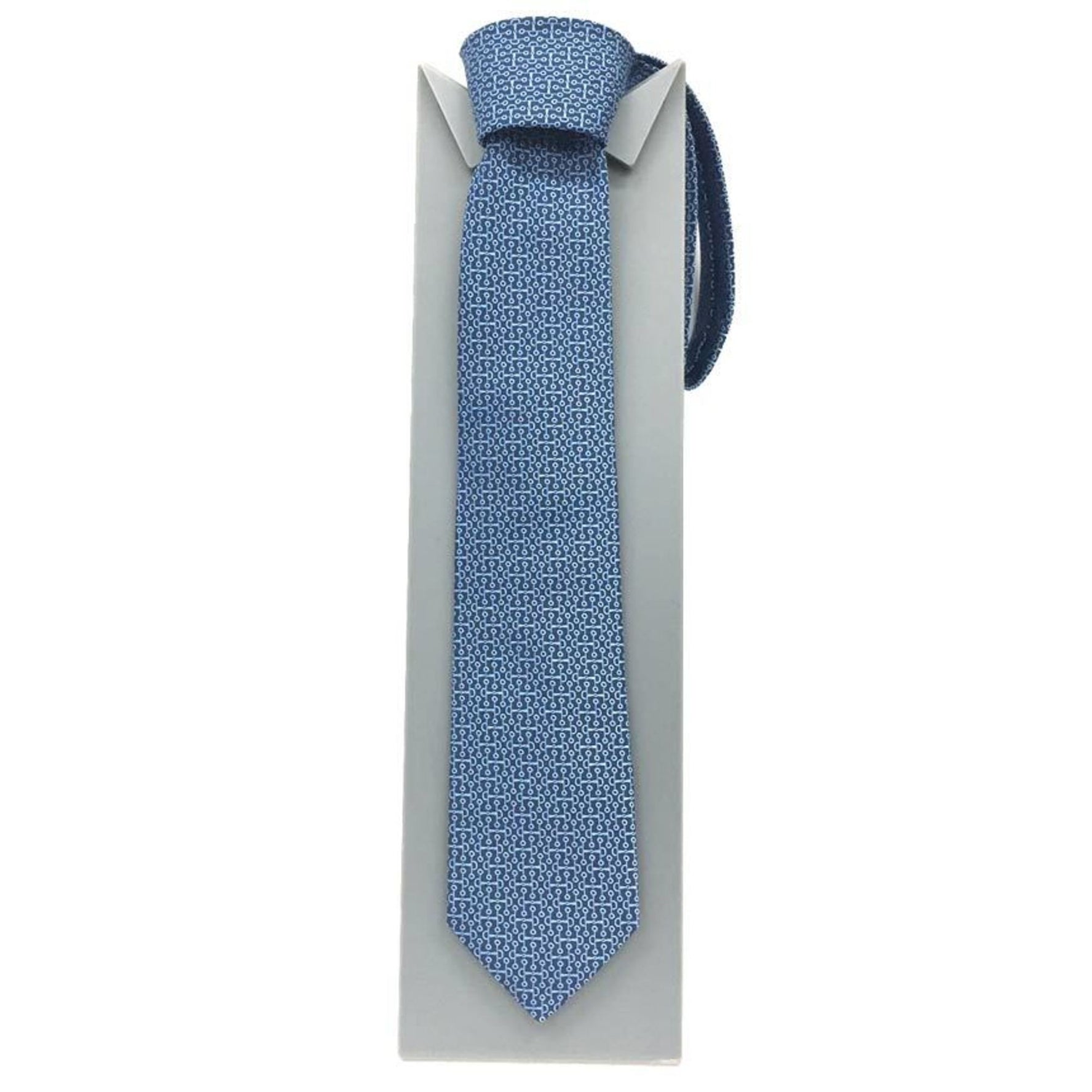 Hermes Tie SOIE LOURDE DOUBLE BAUCHER 02 MARINE/CIEL Silk Jacquard Weave Saddlery Pattern